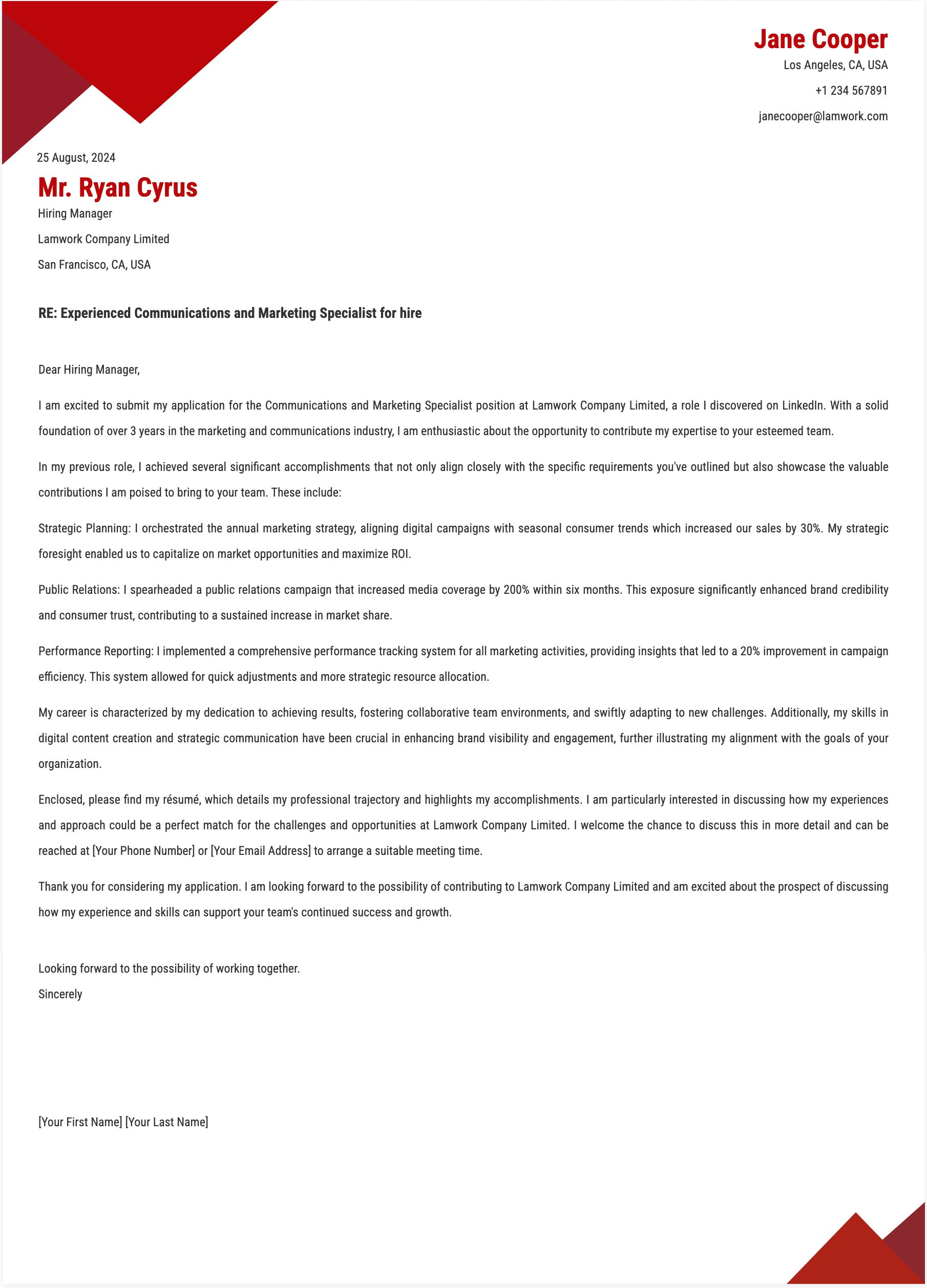 Communications and Marketing Specialist Cover Letter Template
