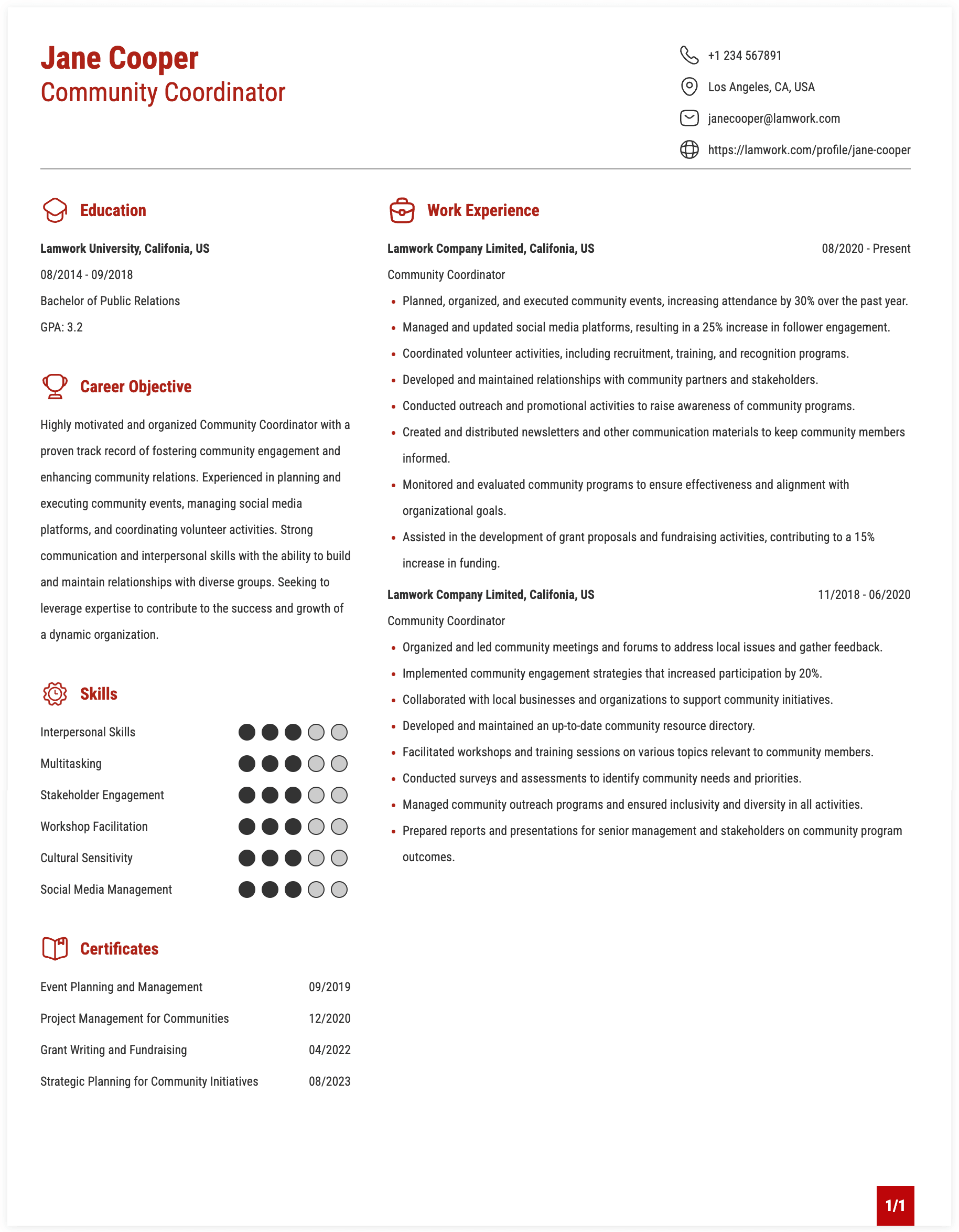 Community Coordinator Resume Example