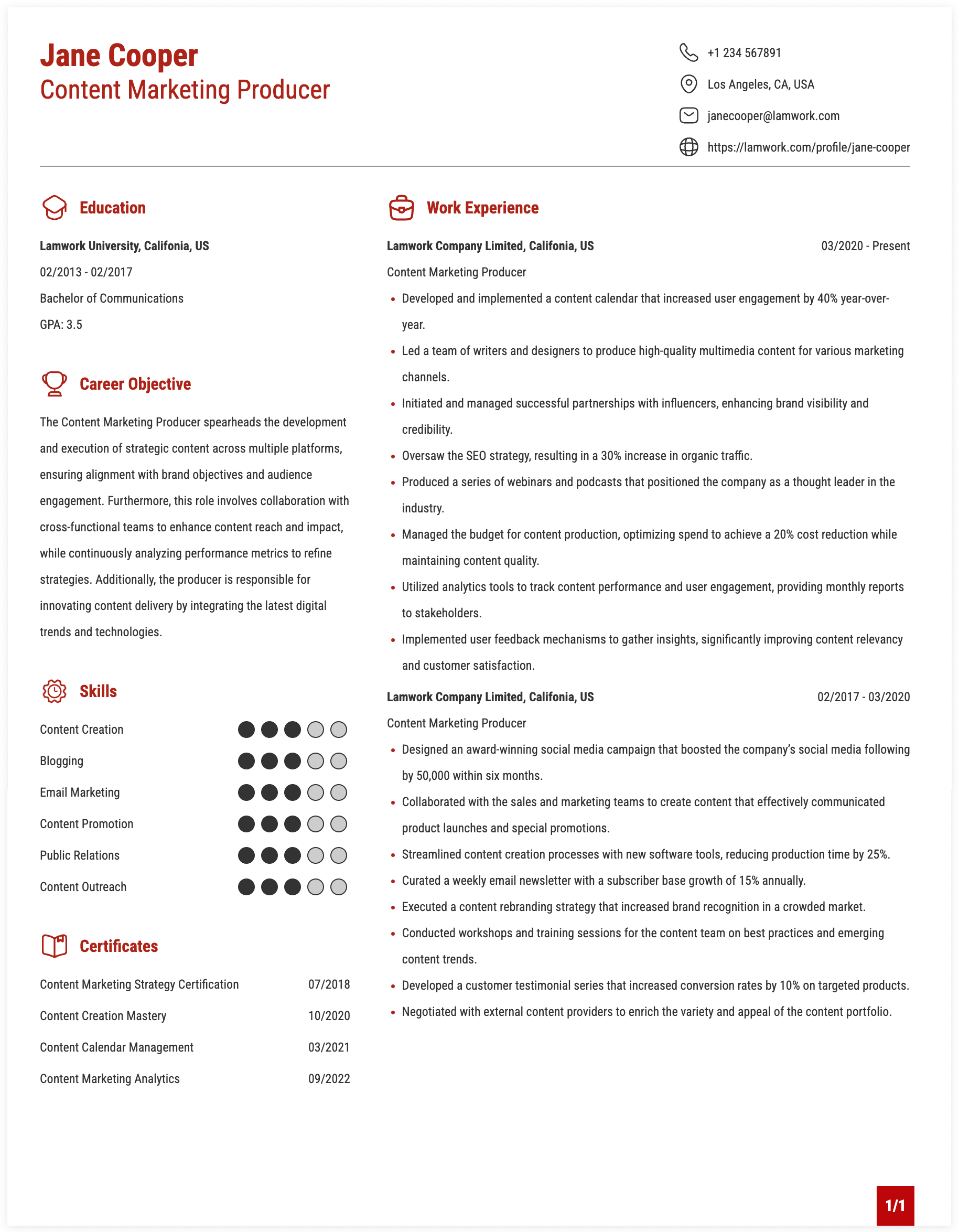 Content Marketing Producer Resume Example
