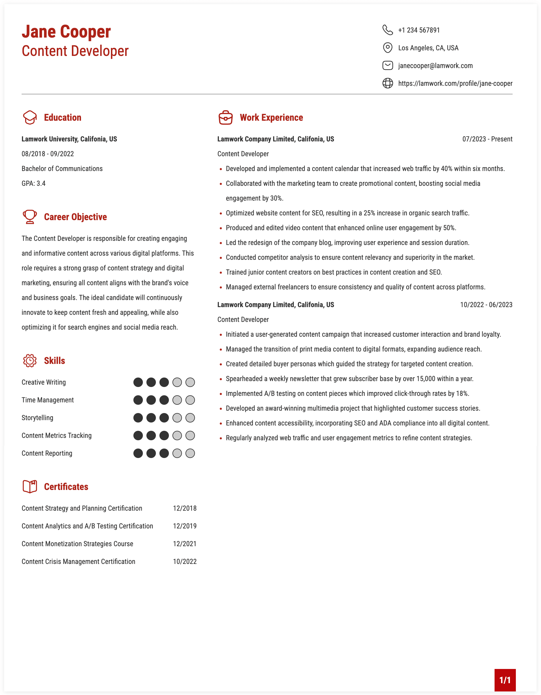 Content Developer Resume Example