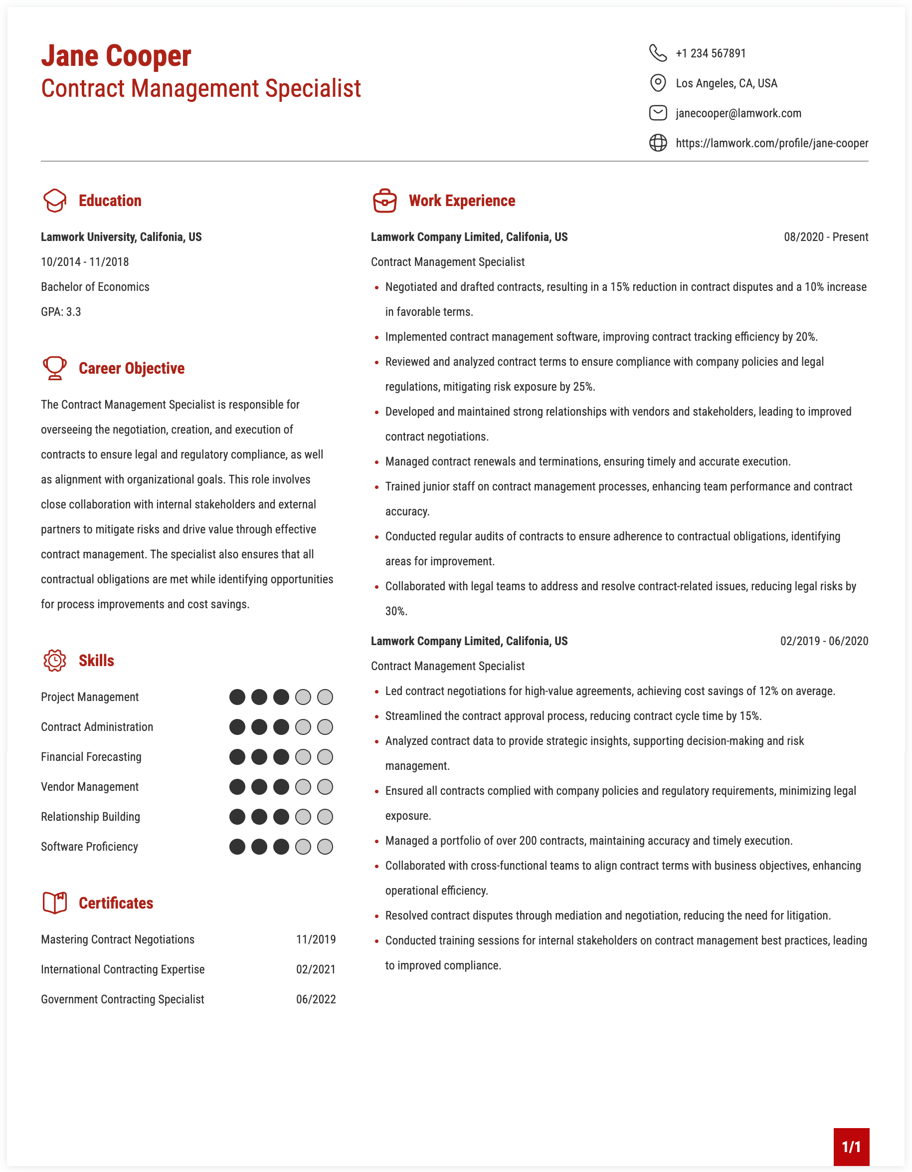Contract Management Specialist Resume Example