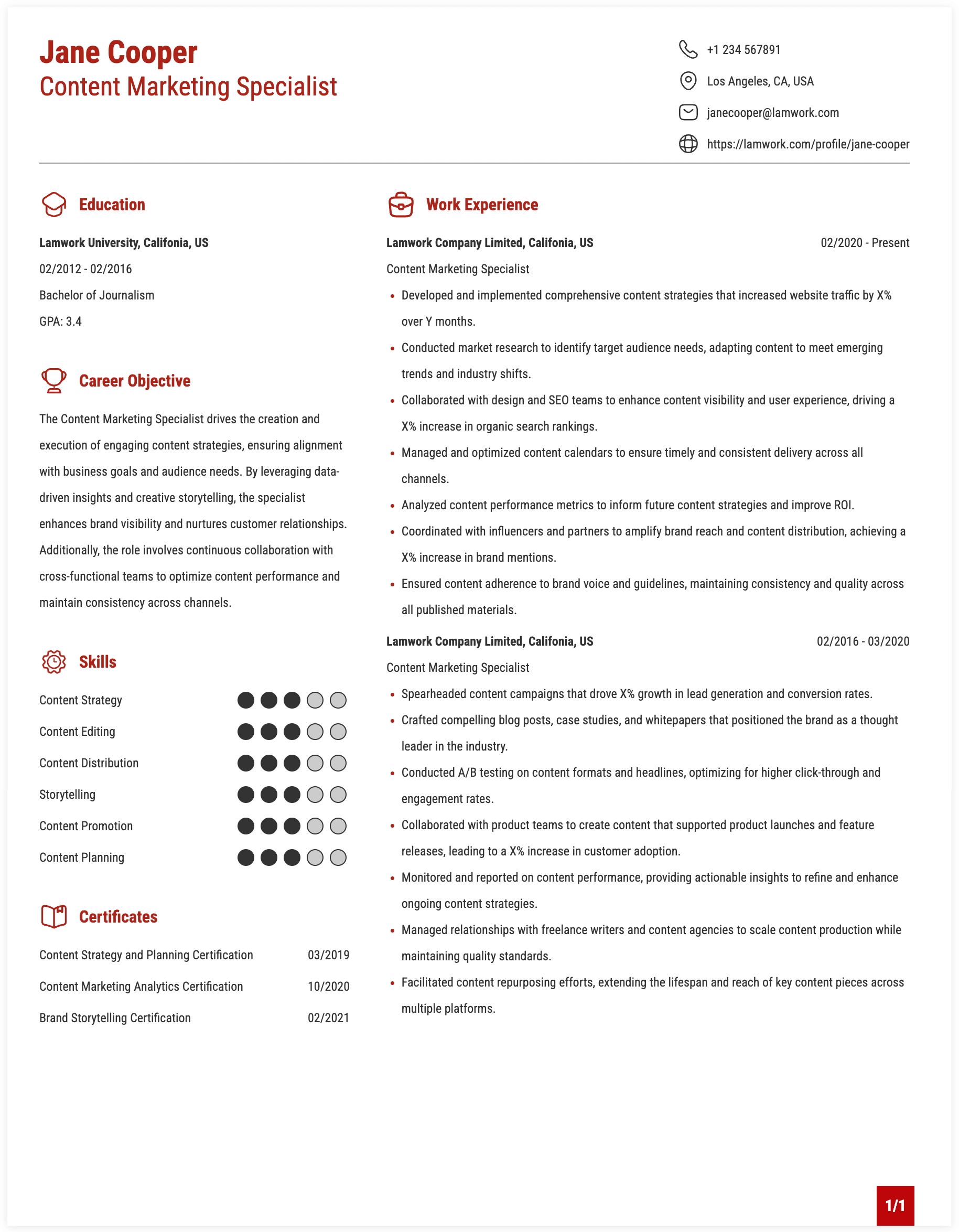 Content Marketing Specialist Resume Example