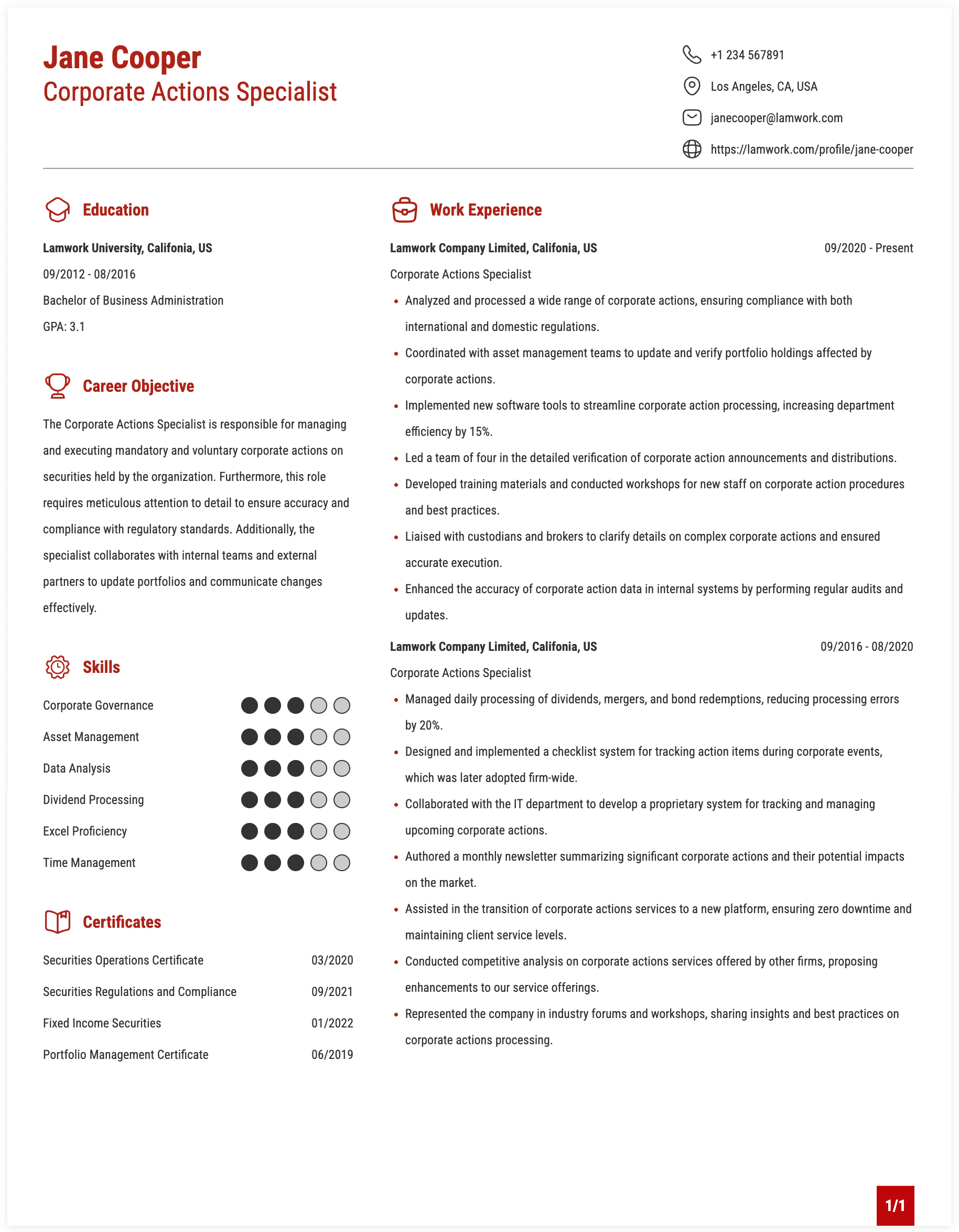 Corporate Actions Specialist Resume Example