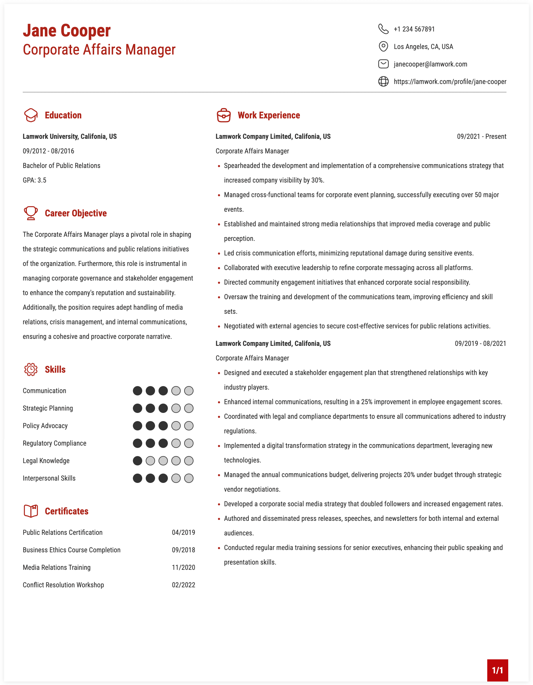 Corporate Affairs Manager Resume Example