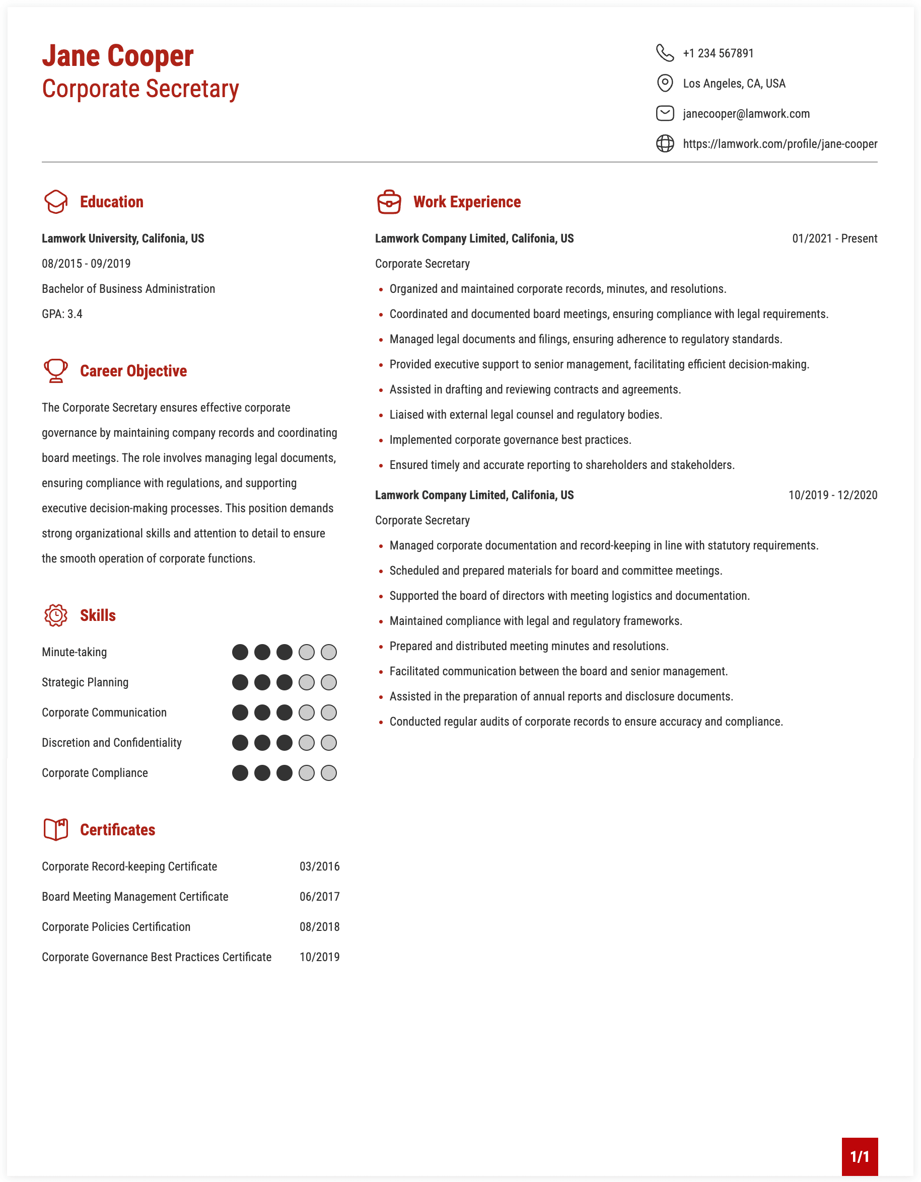 Corporate Secretary Resume Example