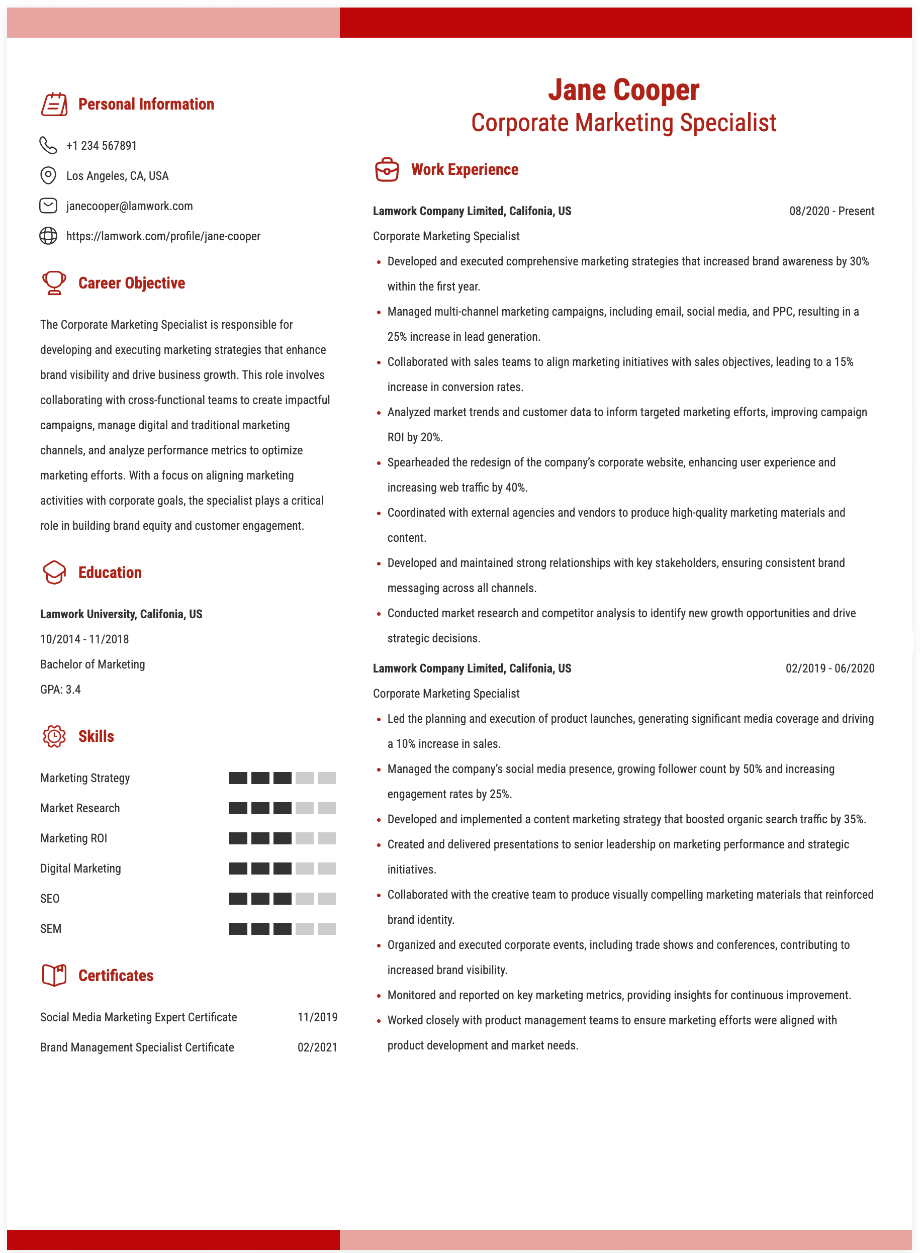 Corporate Marketing Specialist Resume Example