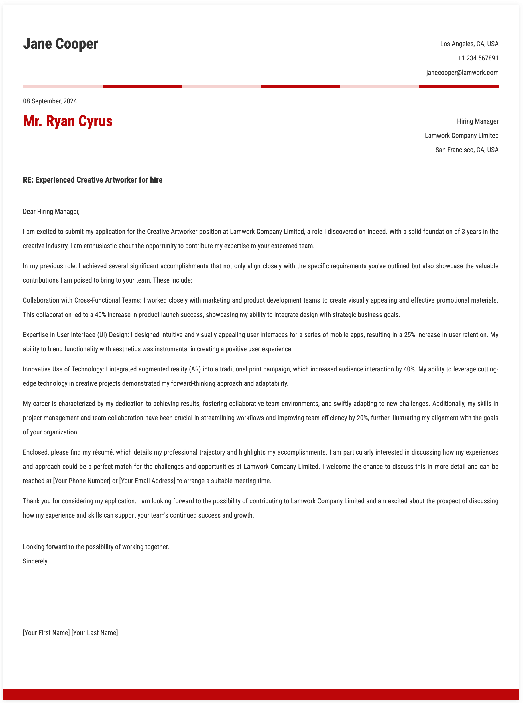 Creative Artworker Cover Letter Template