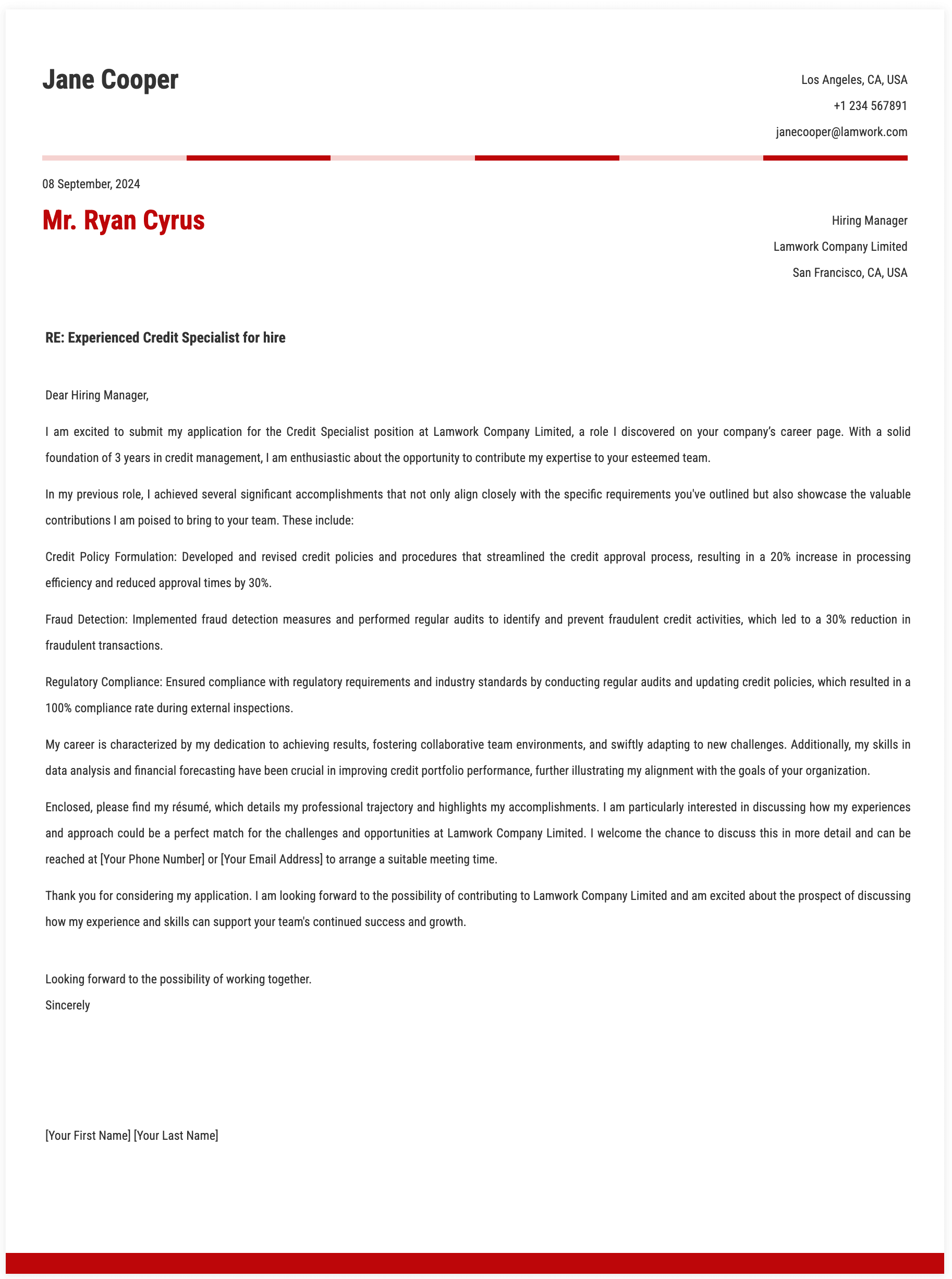 Credit Specialist Cover Letter Template