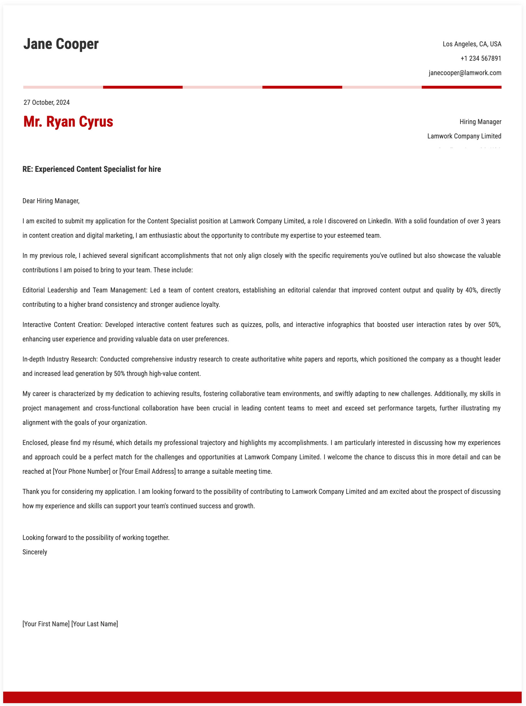 Content Specialist Cover Letter Template