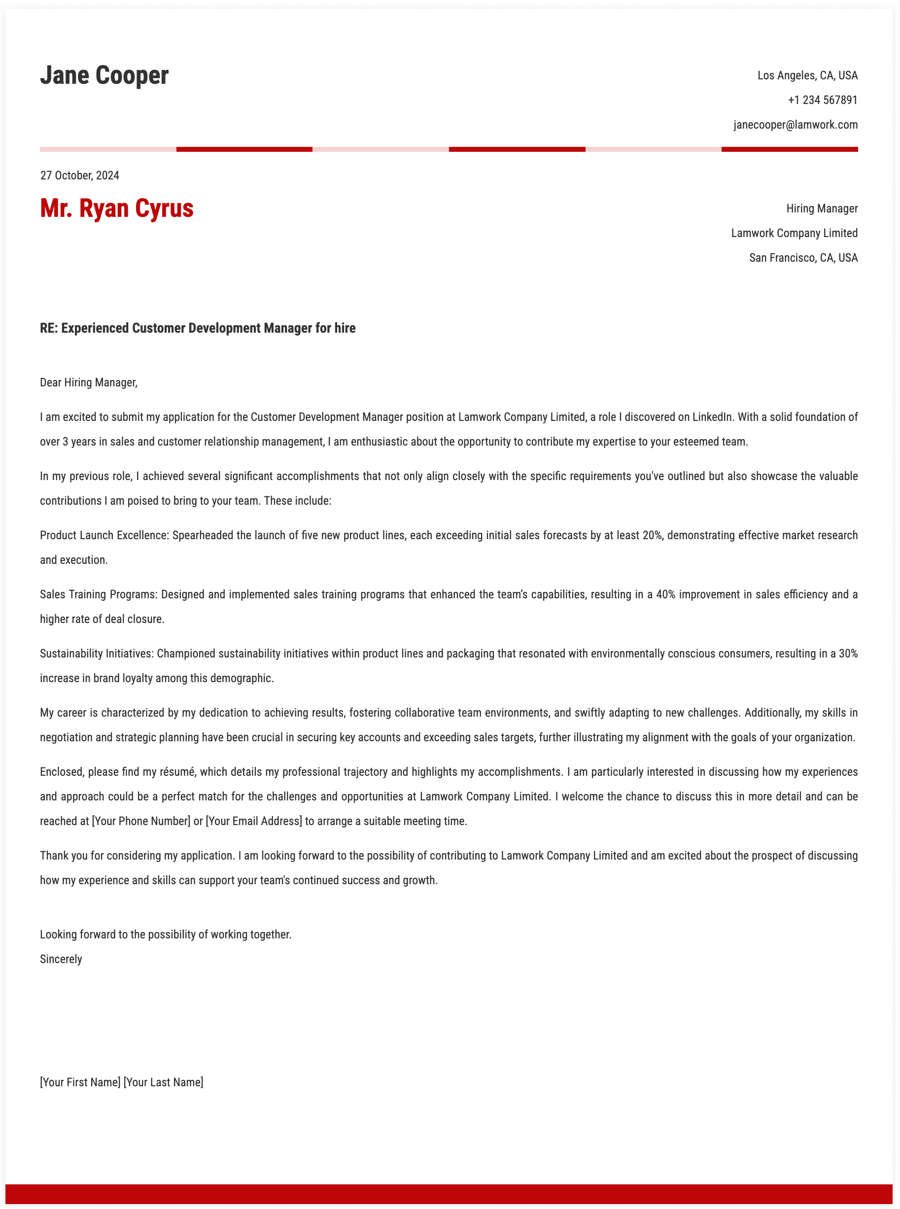 Customer Development Manager Cover Letter Template