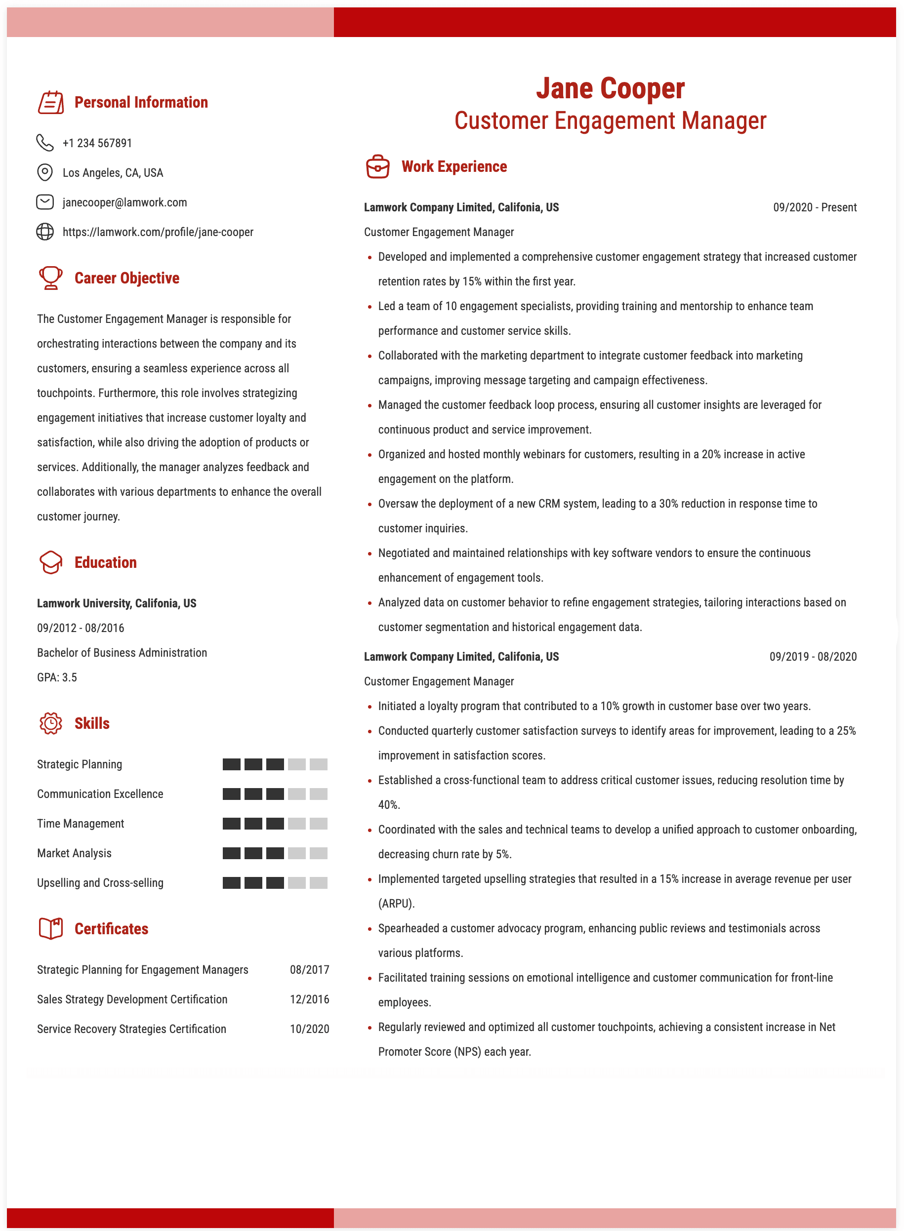 Customer Engagement Manager Resume Example