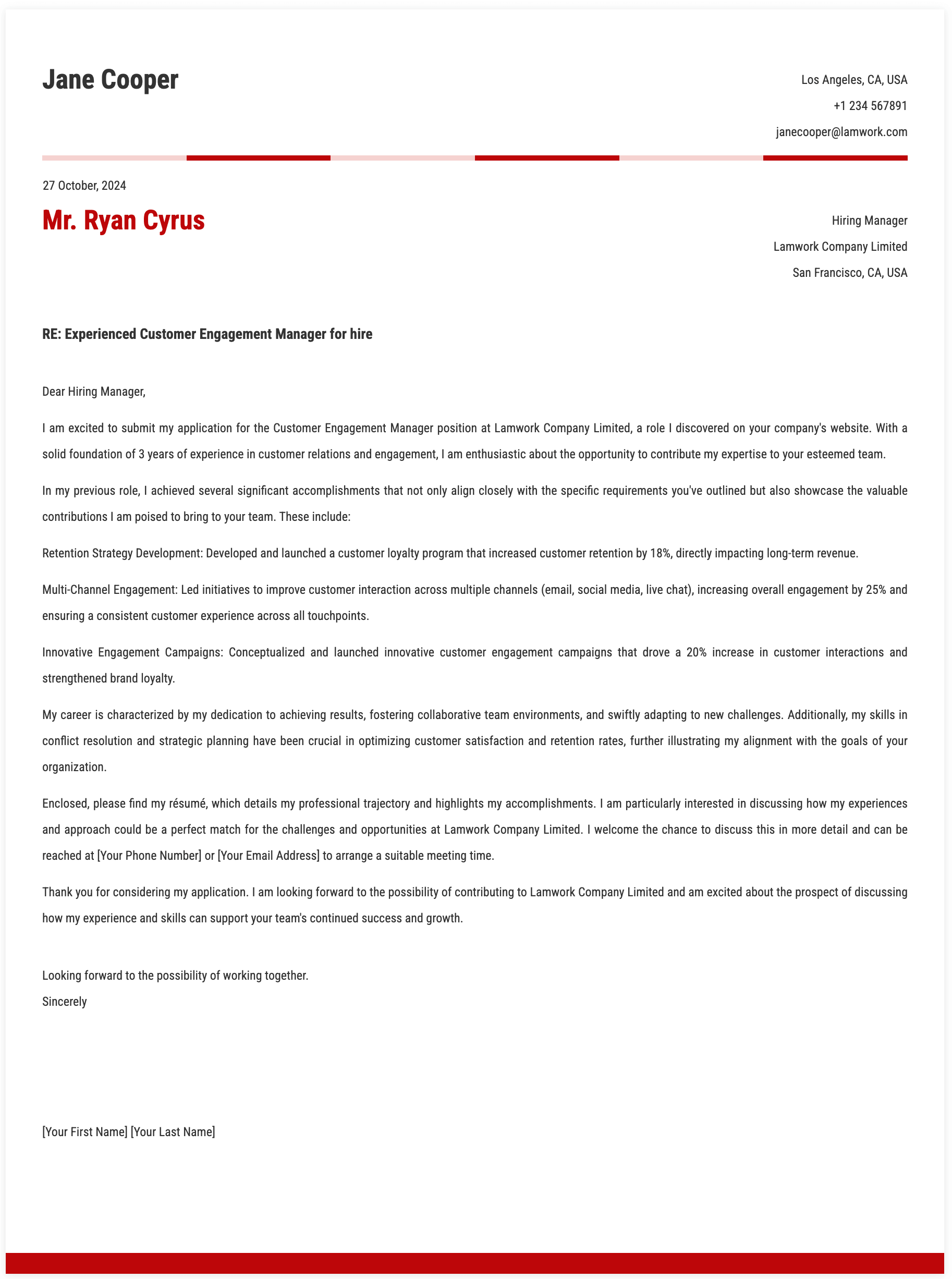 Customer Engagement Manager Cover Letter Template