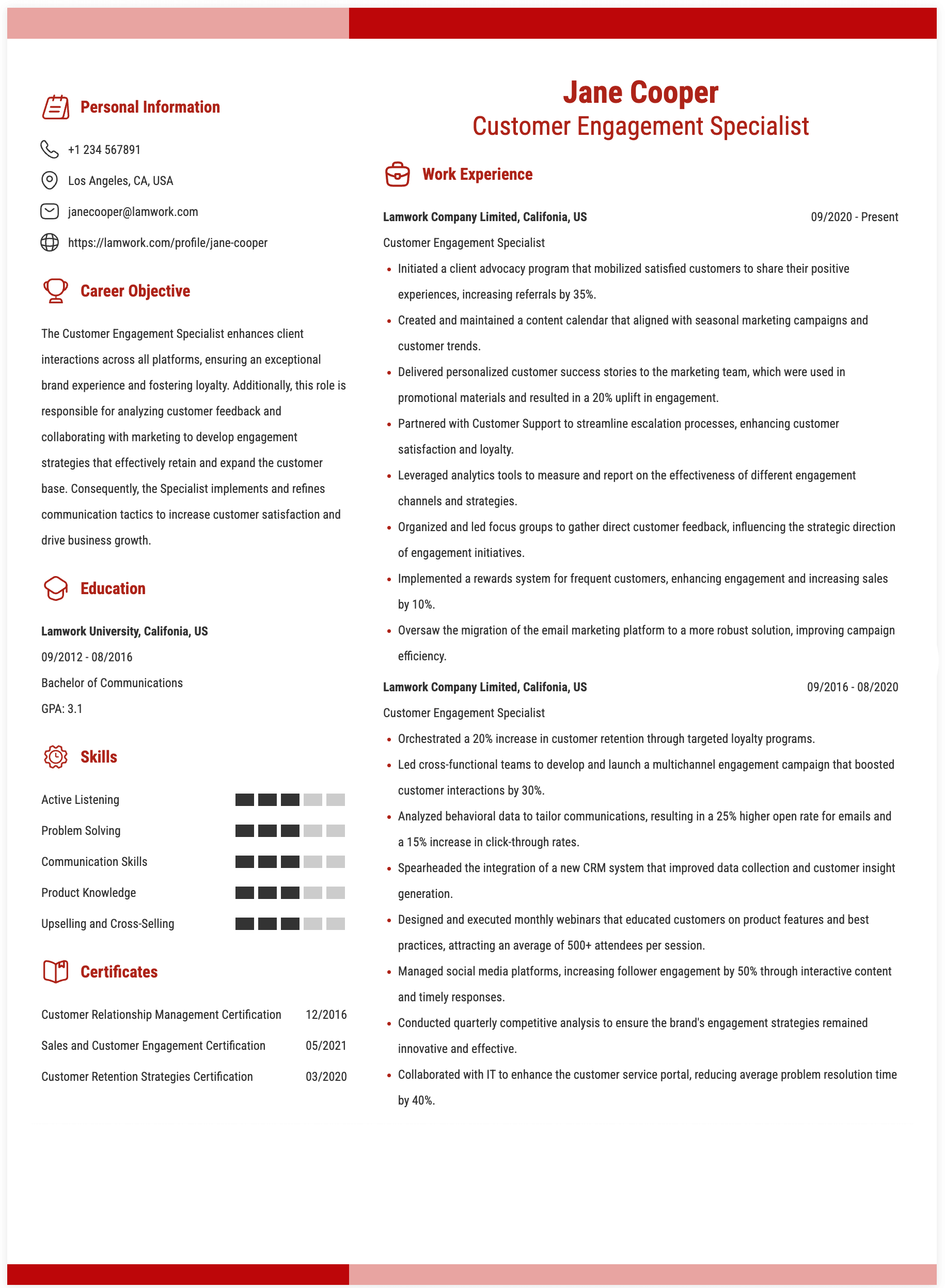 Customer Engagement Specialist Resume Example