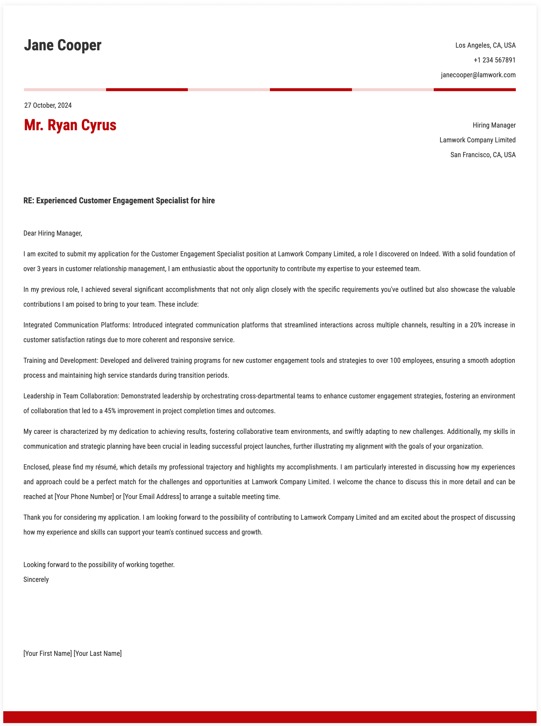 Customer Engagement Specialist Cover Letter Template