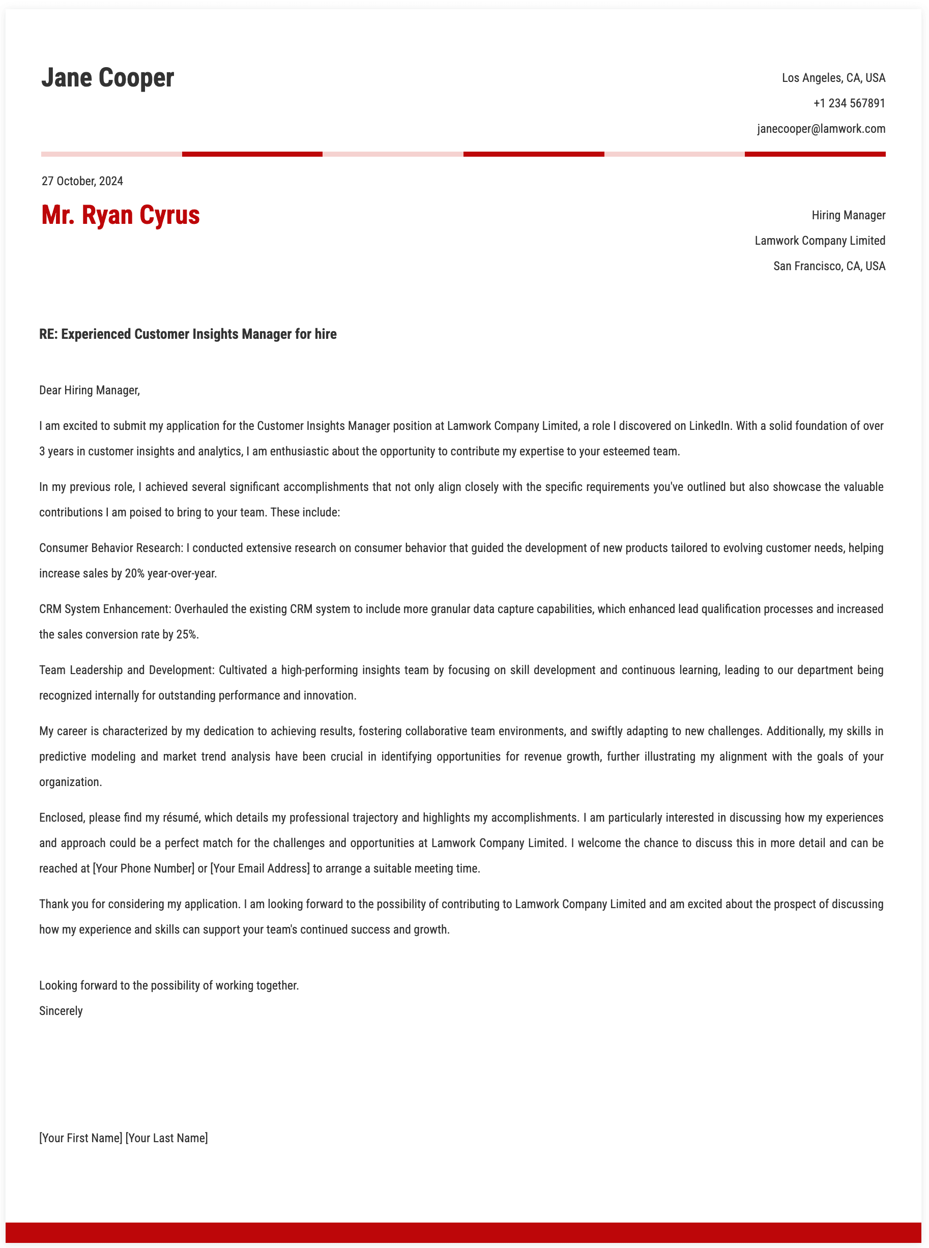 Customer Insights Manager Cover Letter Template