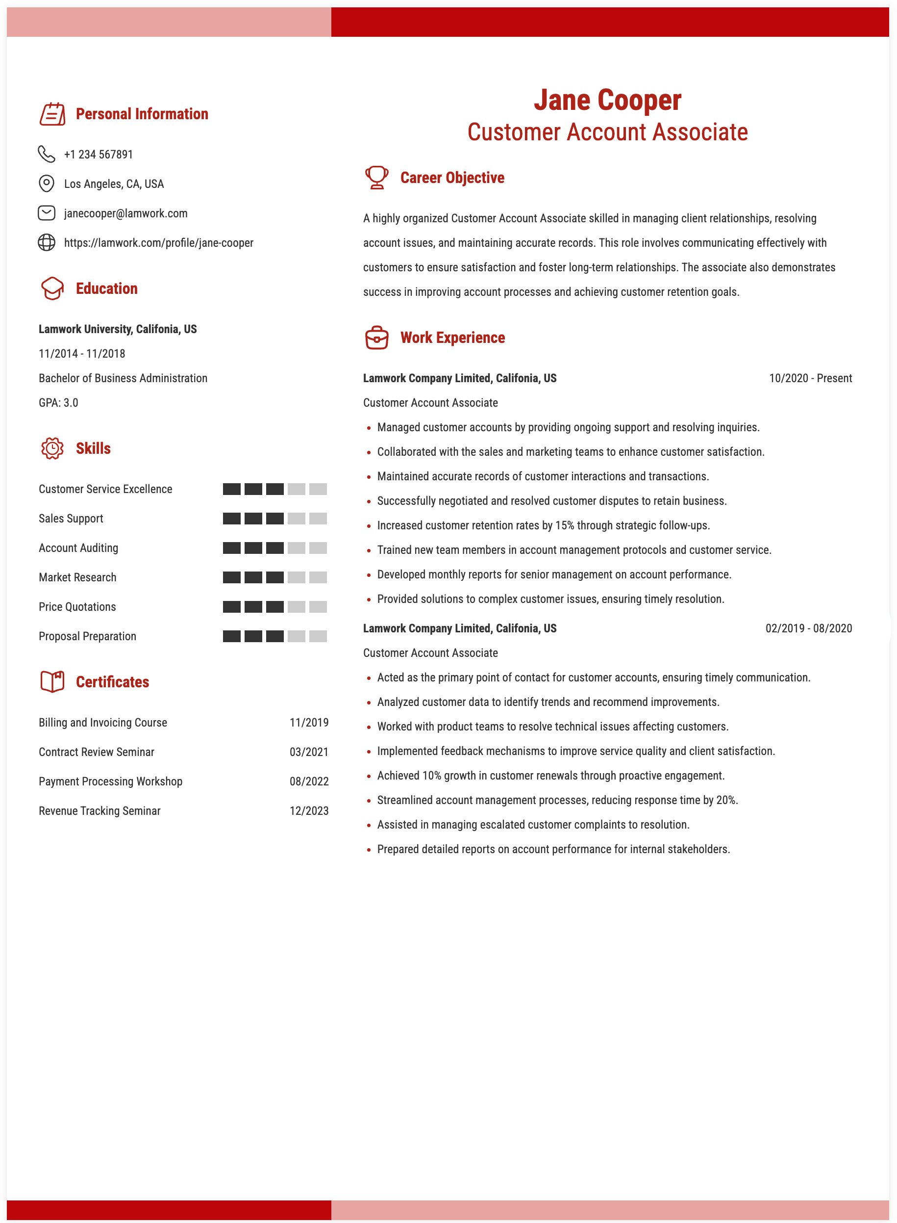 Customer Account Associate Resume Example