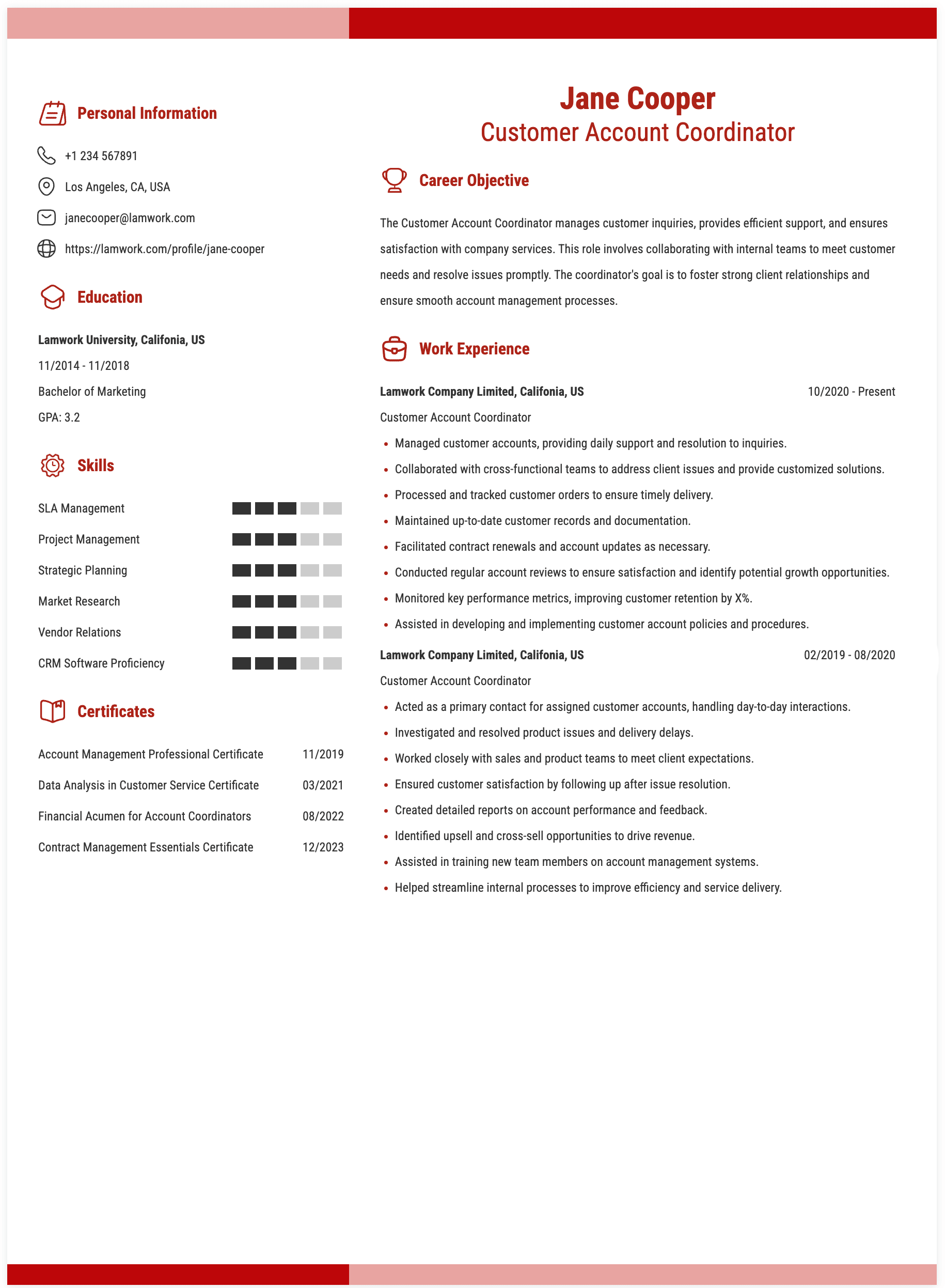 Customer Account Coordinator Resume Example