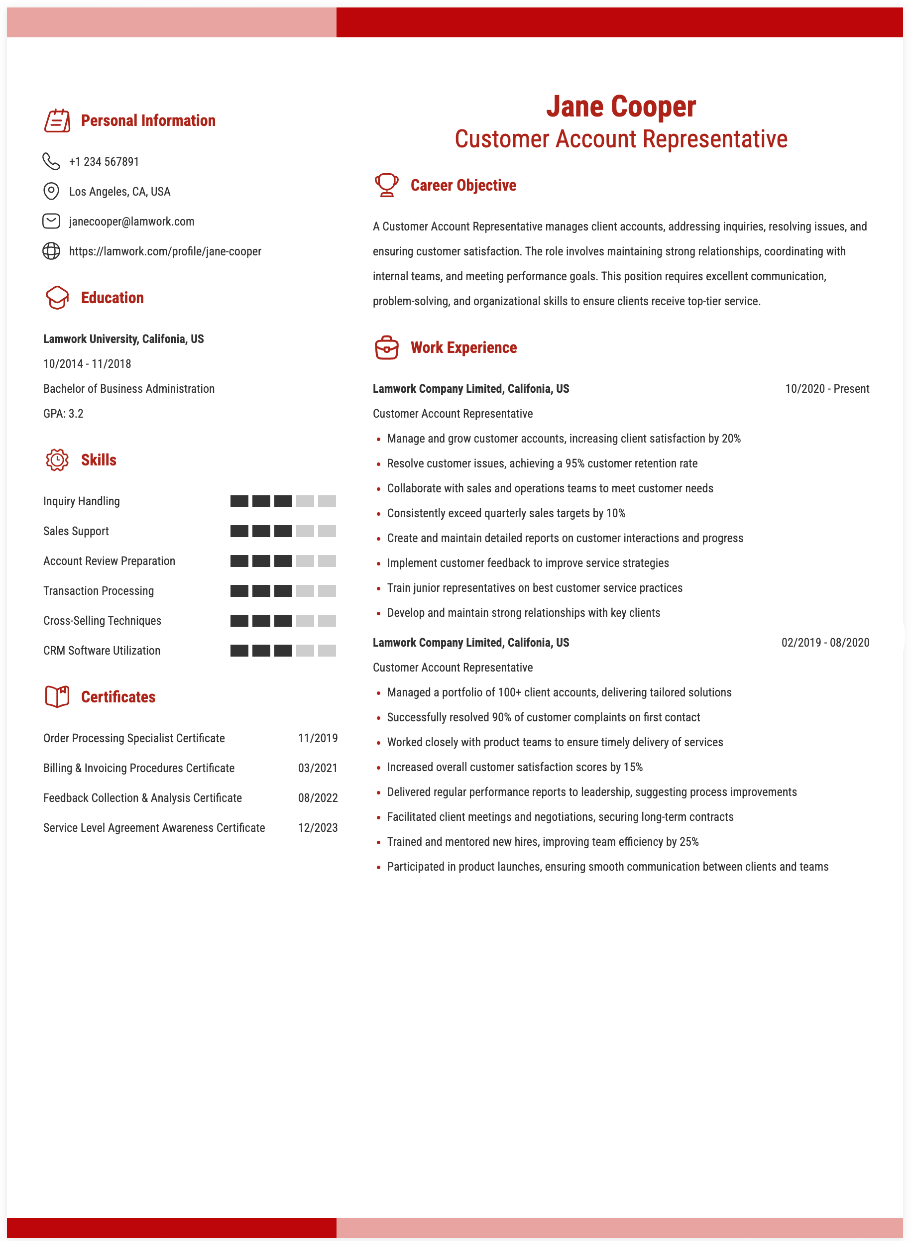 Customer Account Representative Resume Example