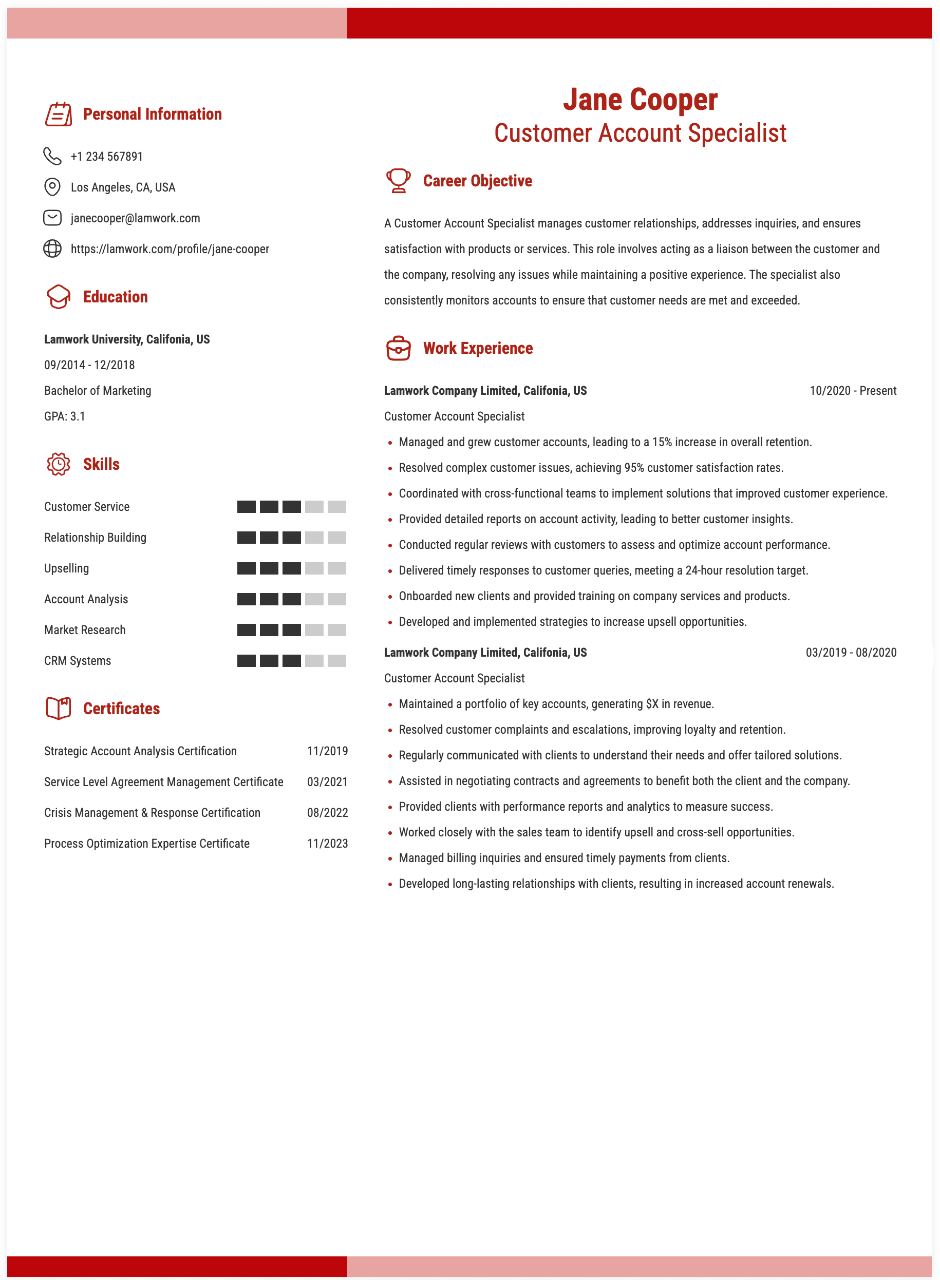 Customer Account Specialist Resume Example