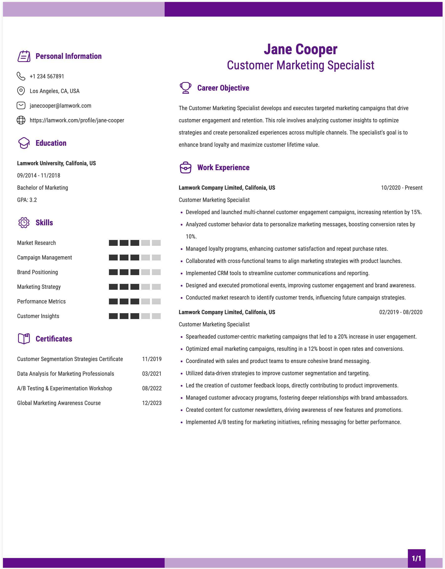 Customer Marketing Specialist Resume Example