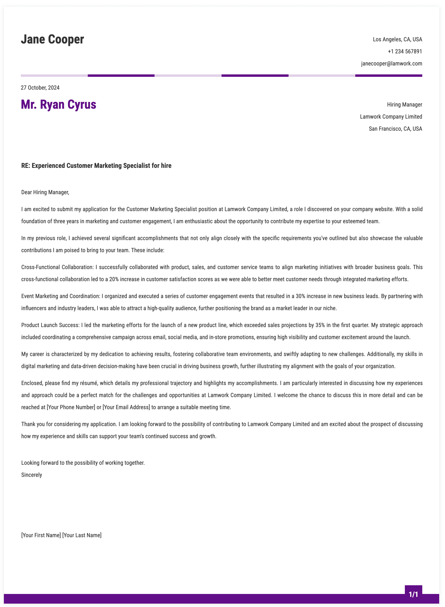Customer Marketing Specialist Cover Letter Template