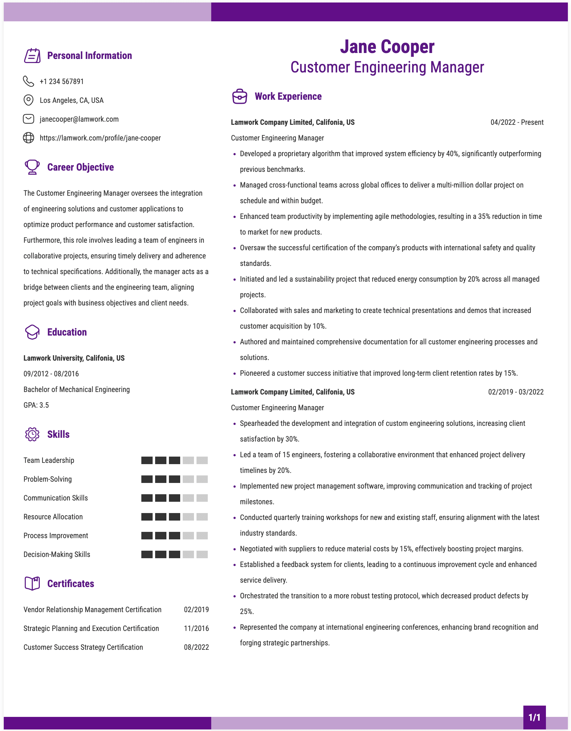 Customer Engineering Manager Resume Example