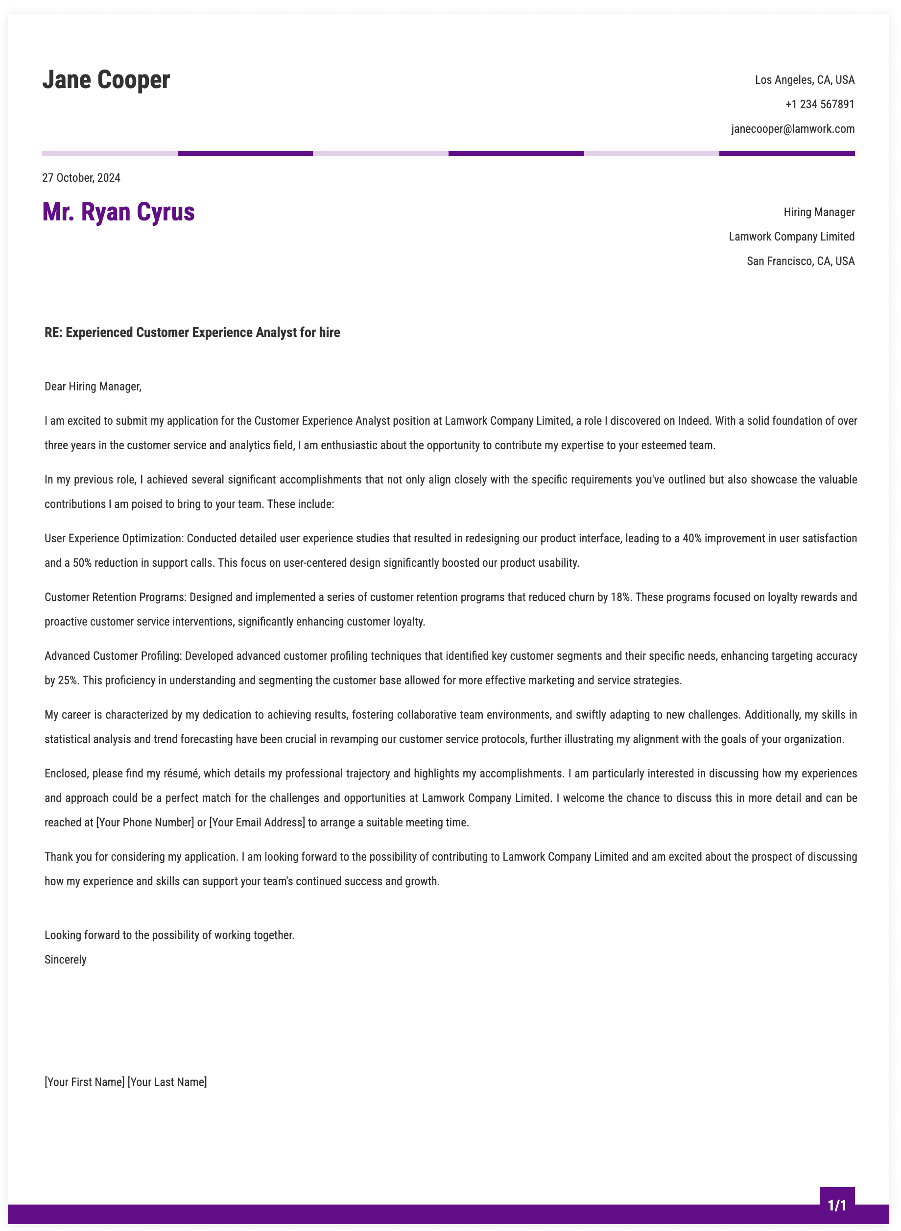 Customer Experience Analyst Cover Letter Template