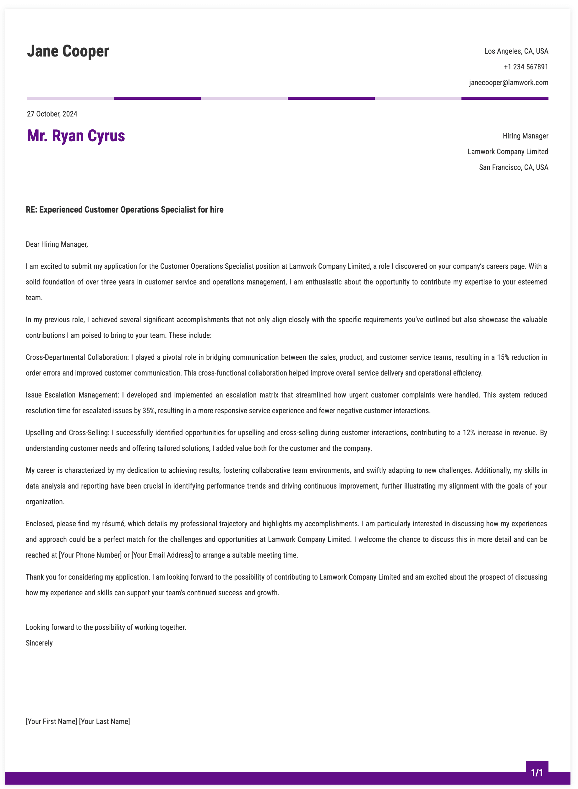 Customer Operations Specialist Cover Letter Template