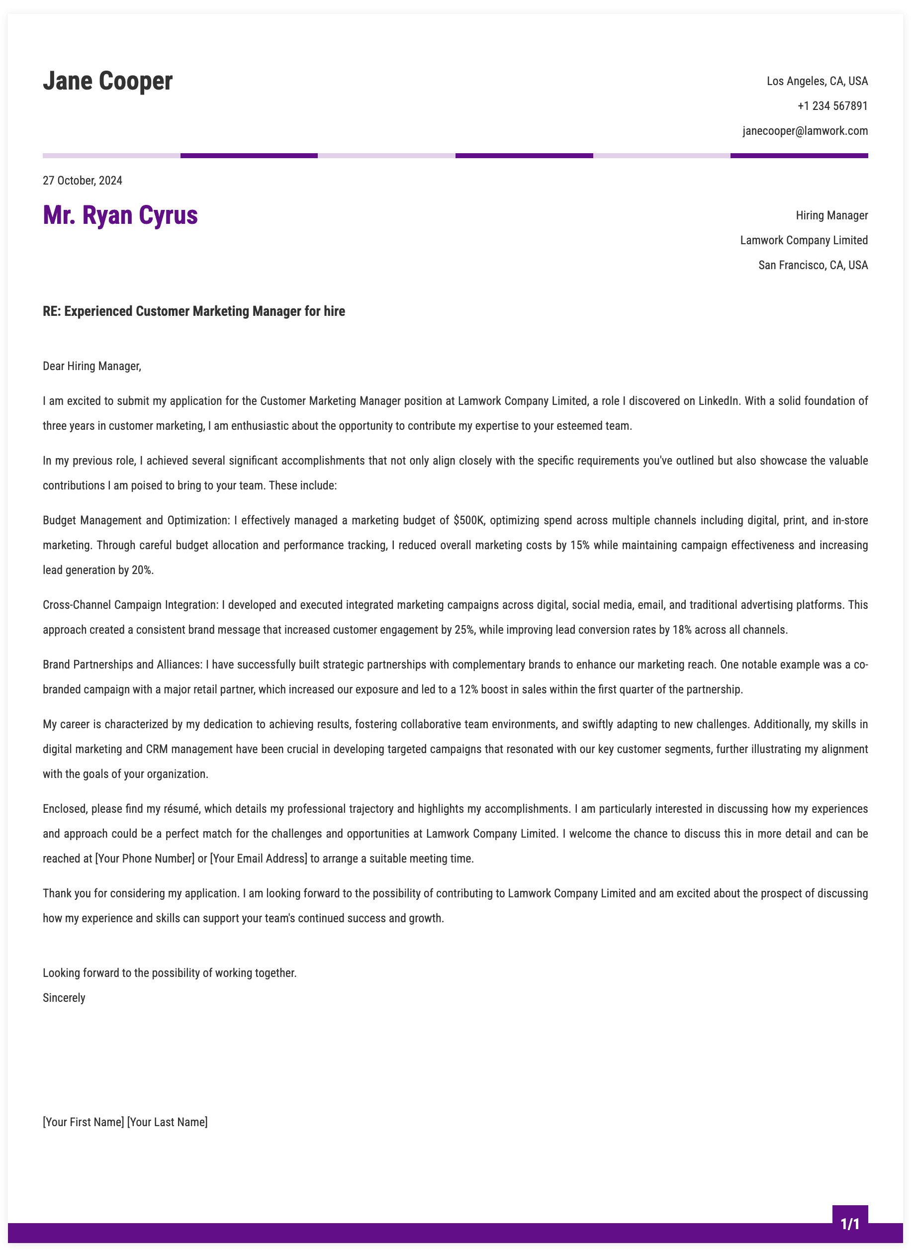 Customer Marketing Manager Cover Letter Template