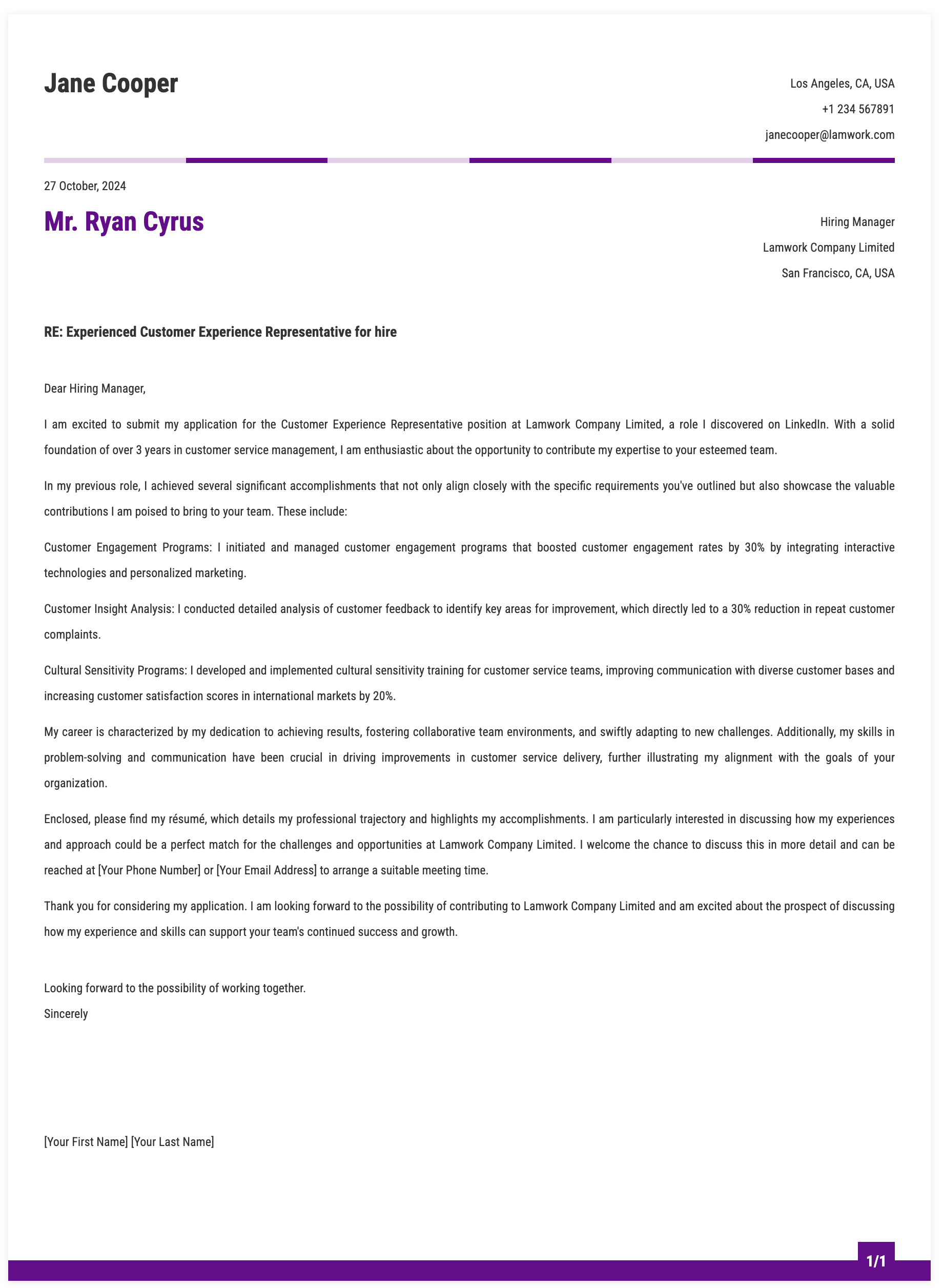 Customer Experience Representative Cover Letter Template