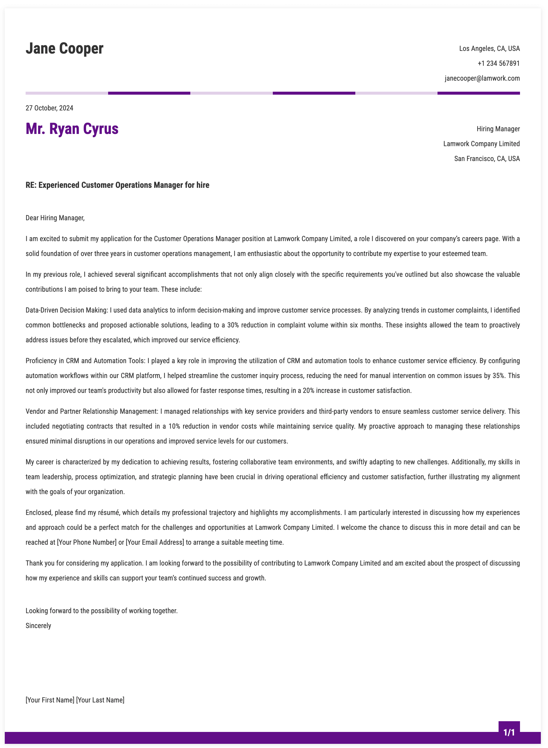 Customer Operations Manager Cover Letter Template