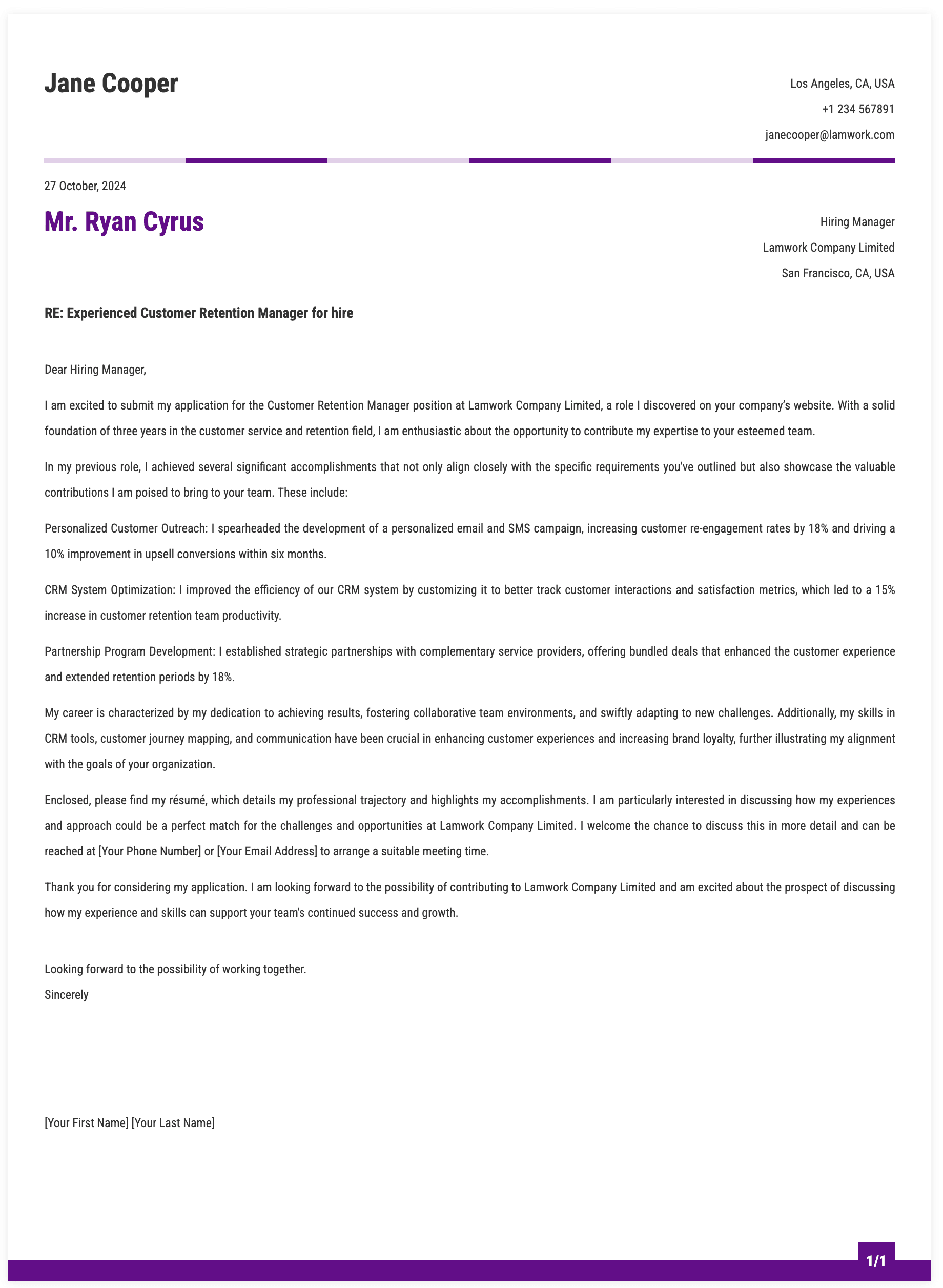 Customer Retention Manager Cover Letter Template