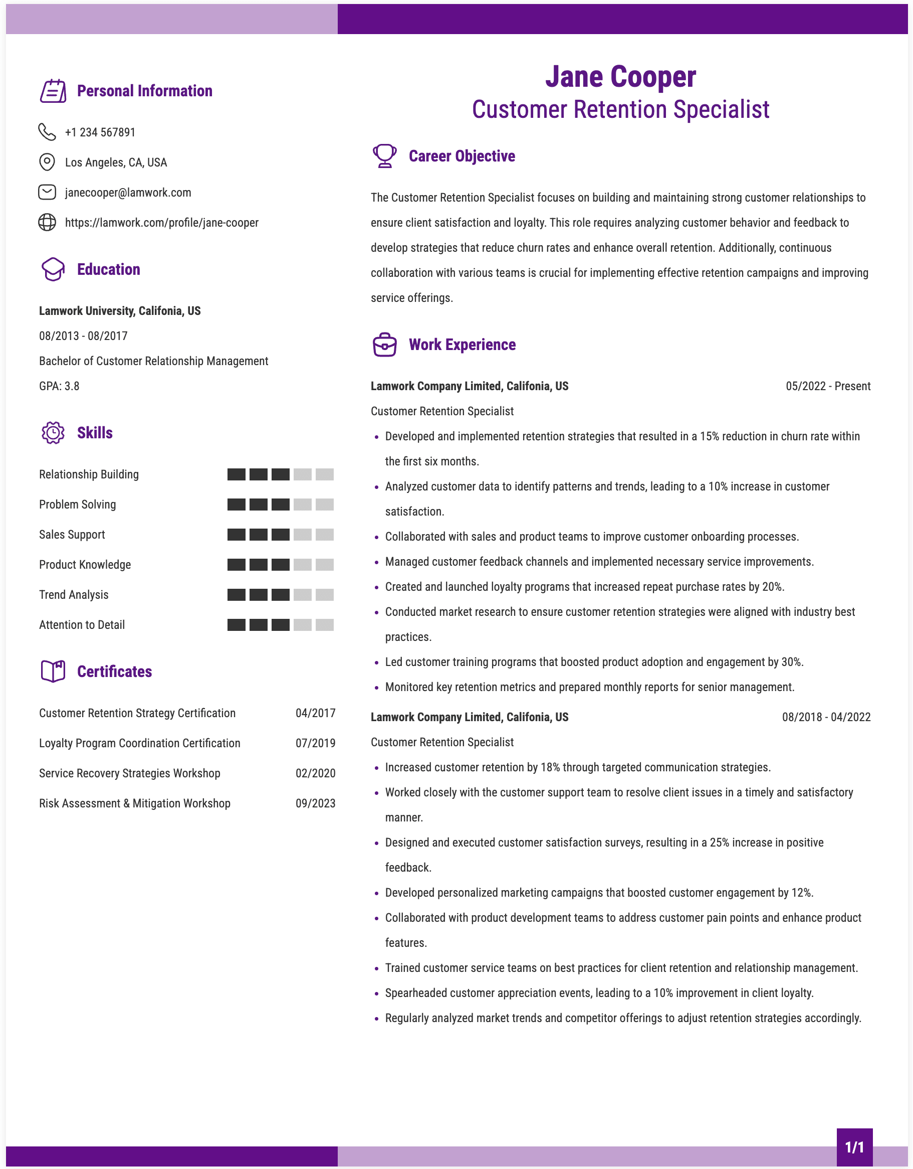 Customer Retention Specialist Resume Example