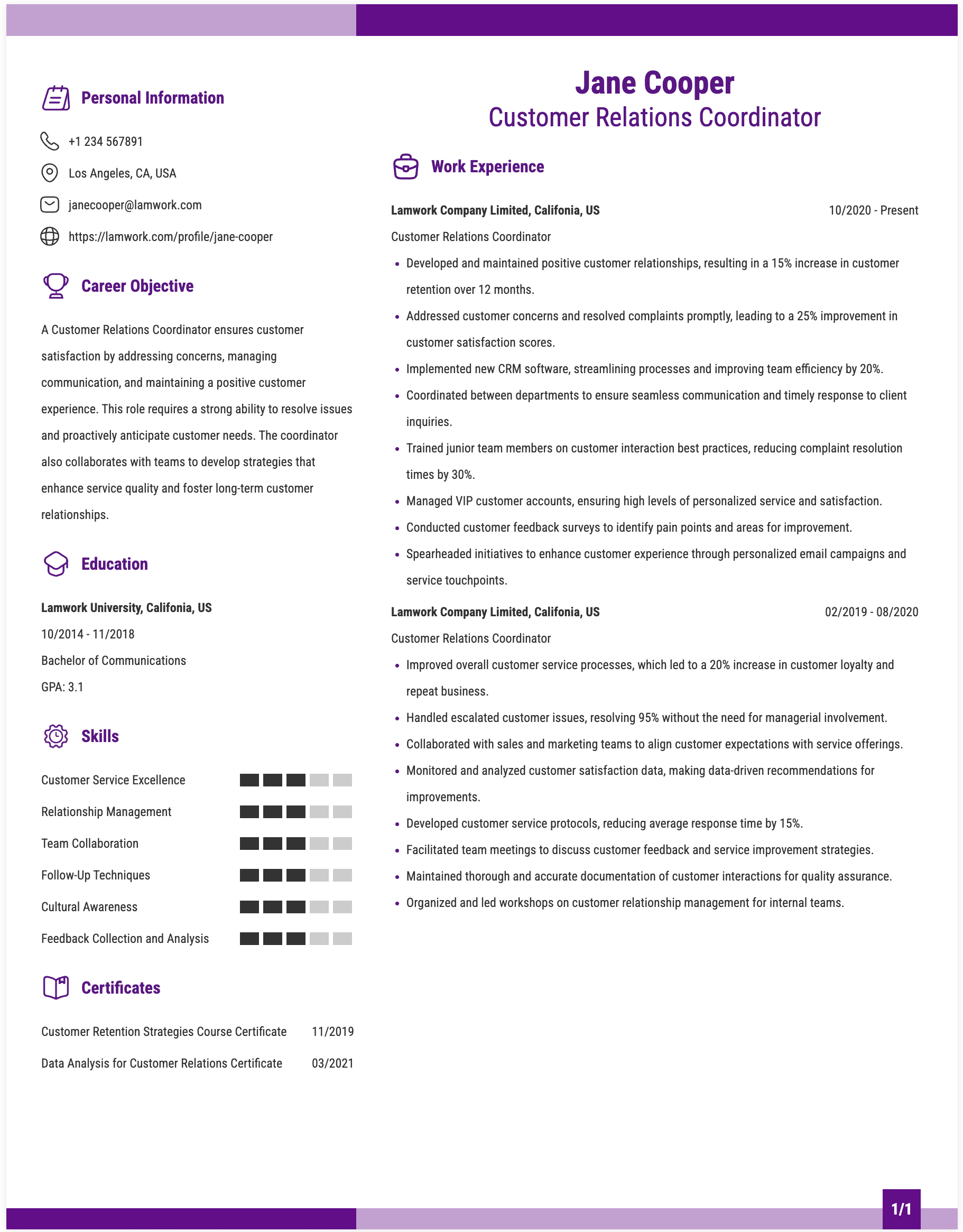 Customer Relations Coordinator Resume Example