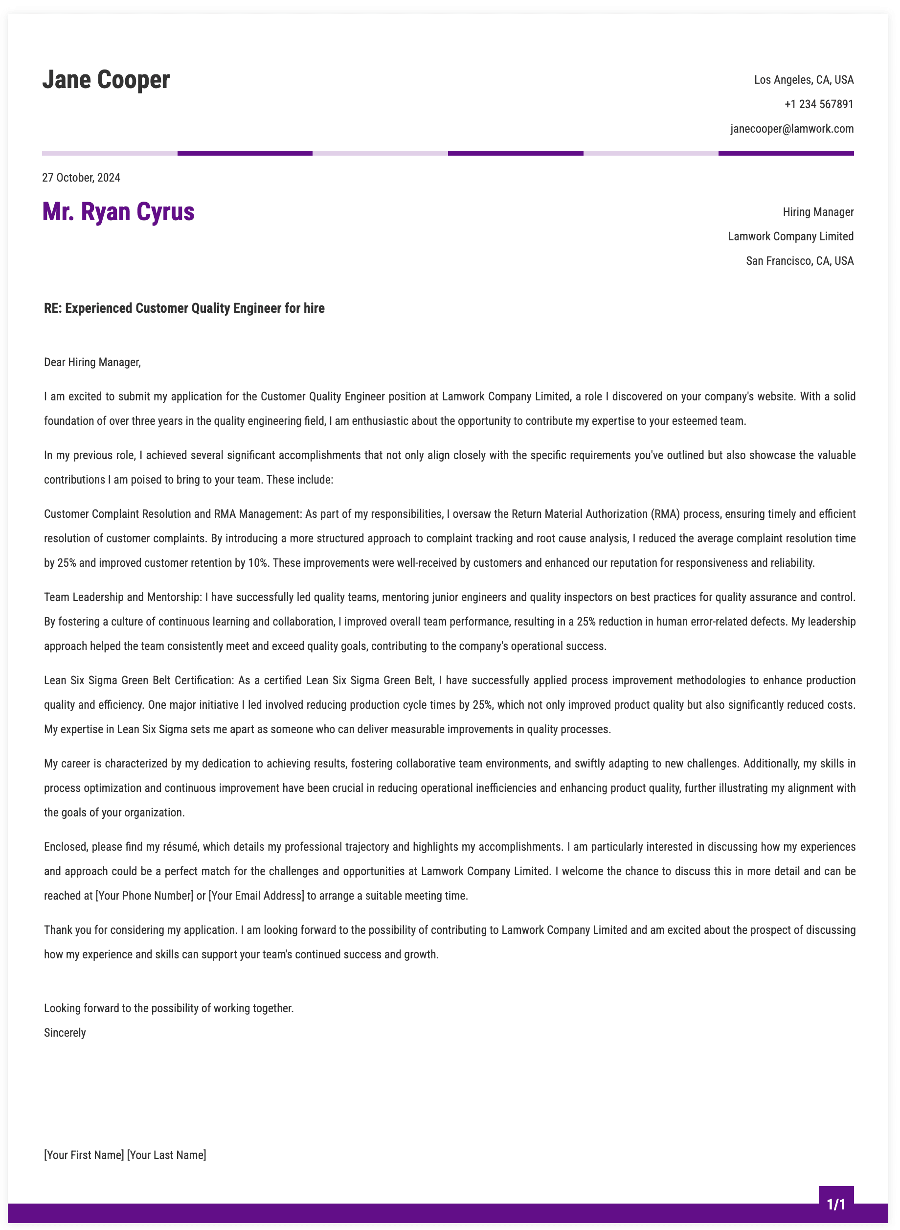 Customer Quality Engineer Cover Letter Template