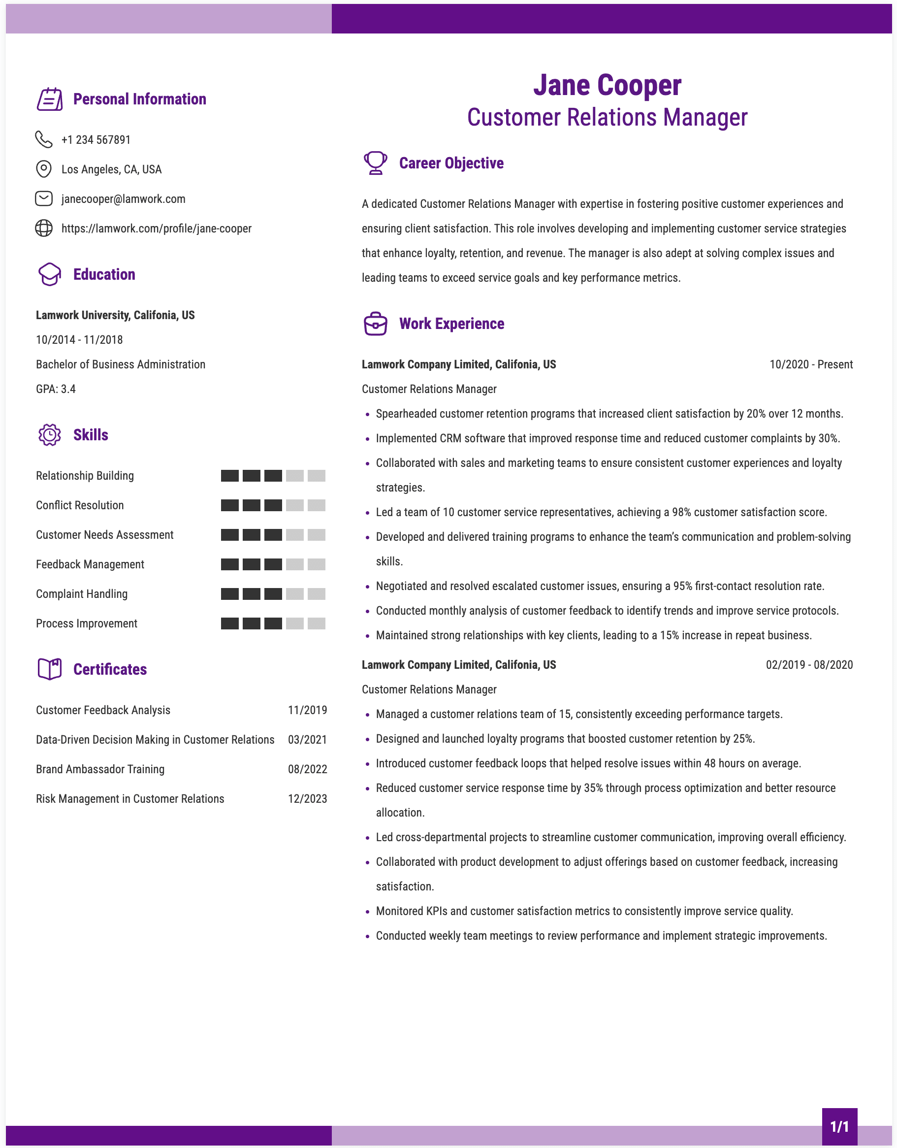 Customer Relations Manager Resume Example