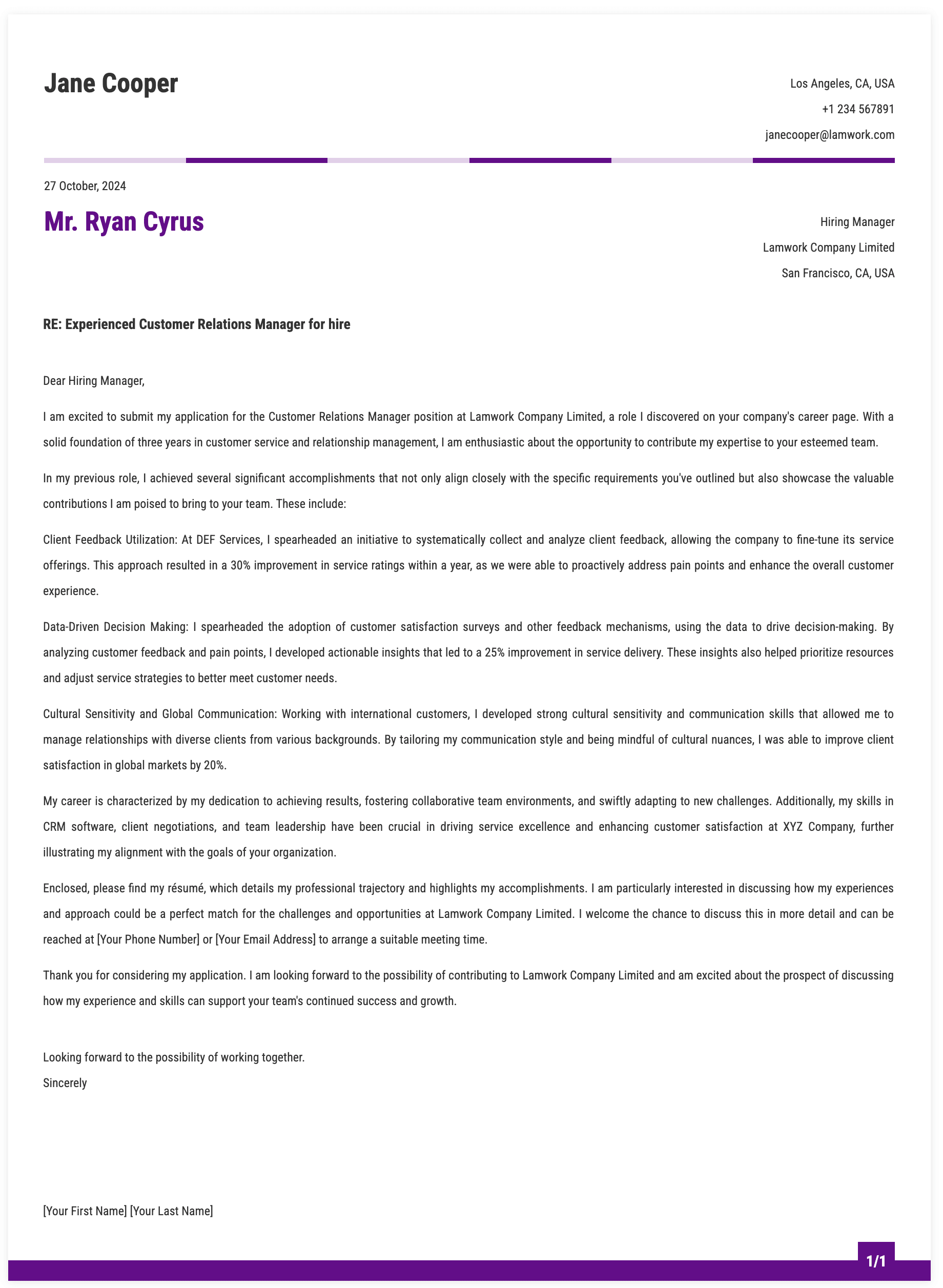 Customer Relations Manager Cover Letter Template