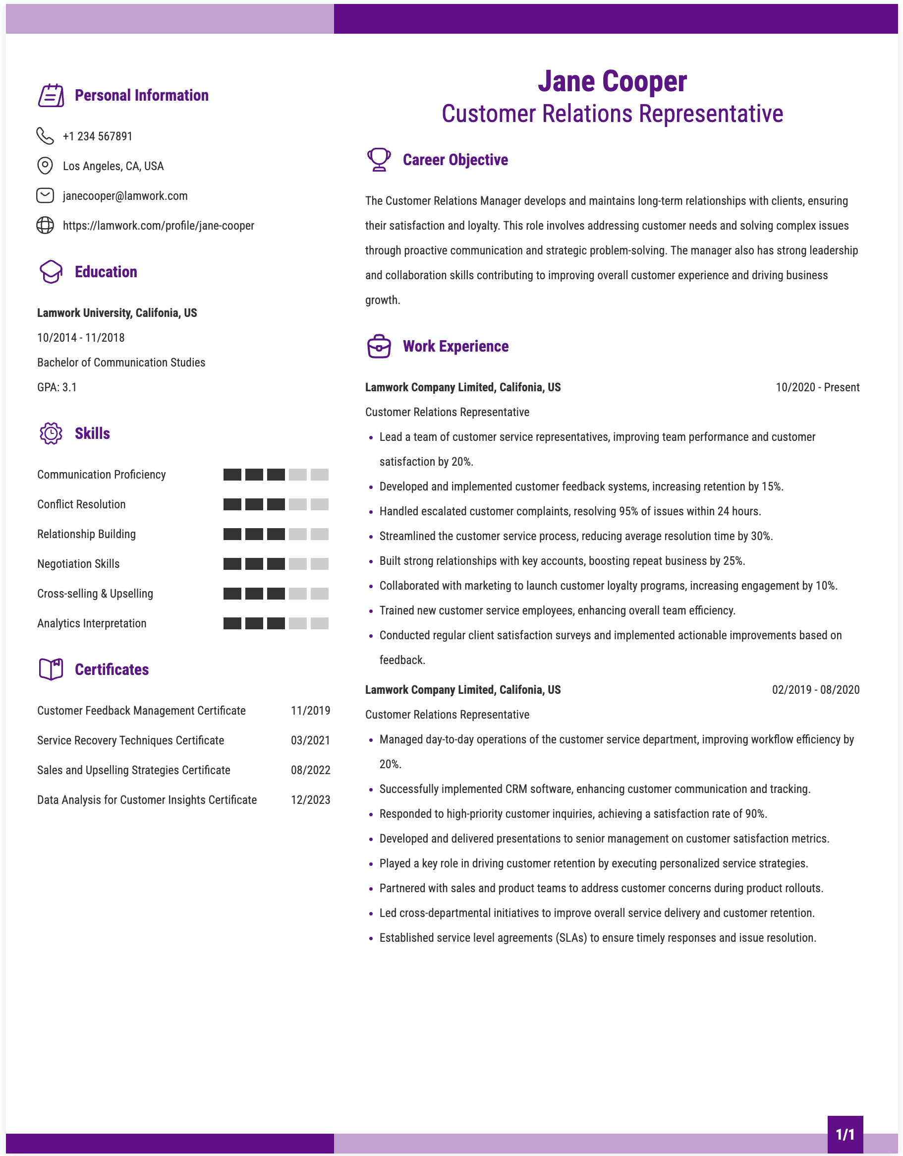 Customer Relations Representative Resume Example