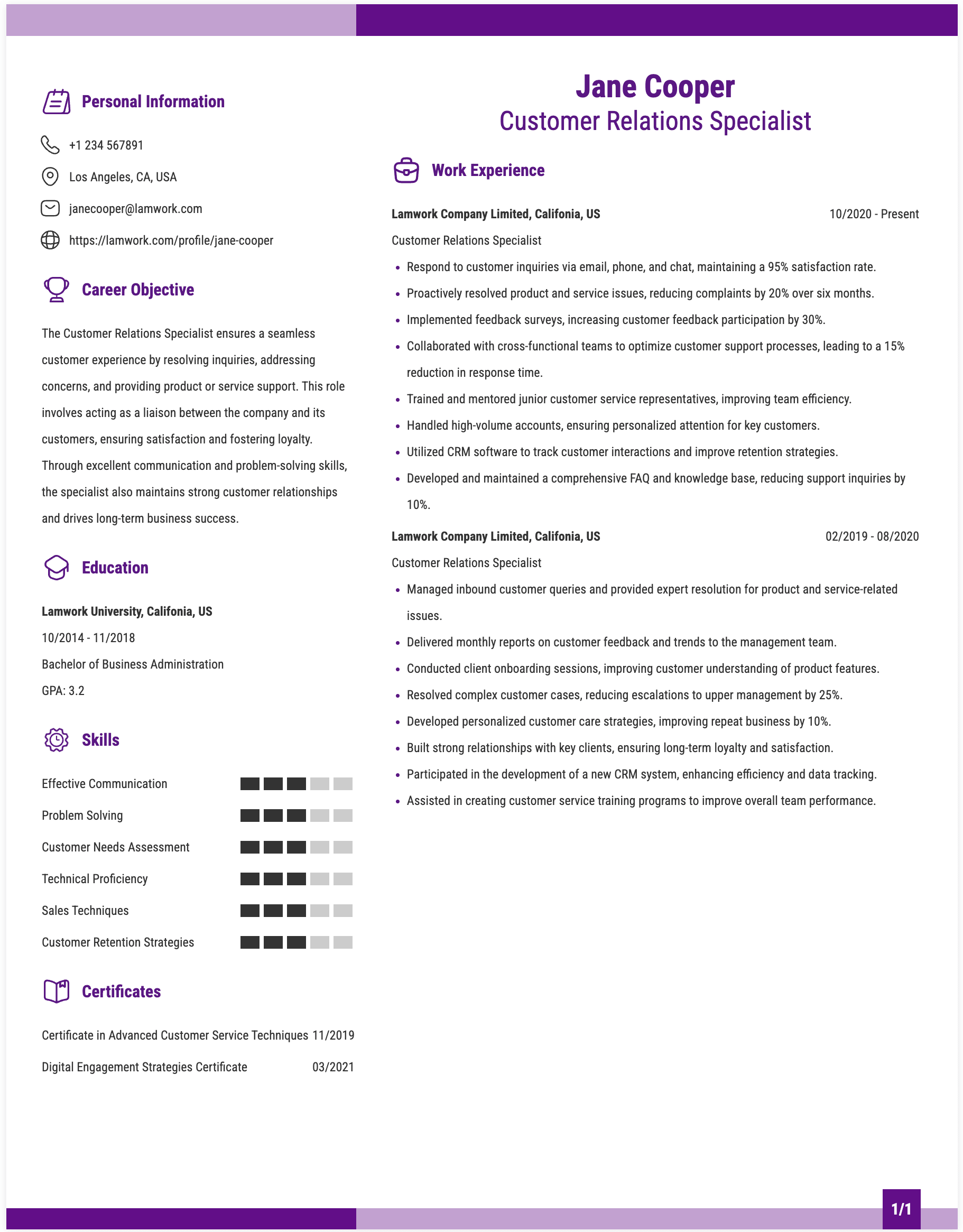 Customer Relations Specialist Resume Example