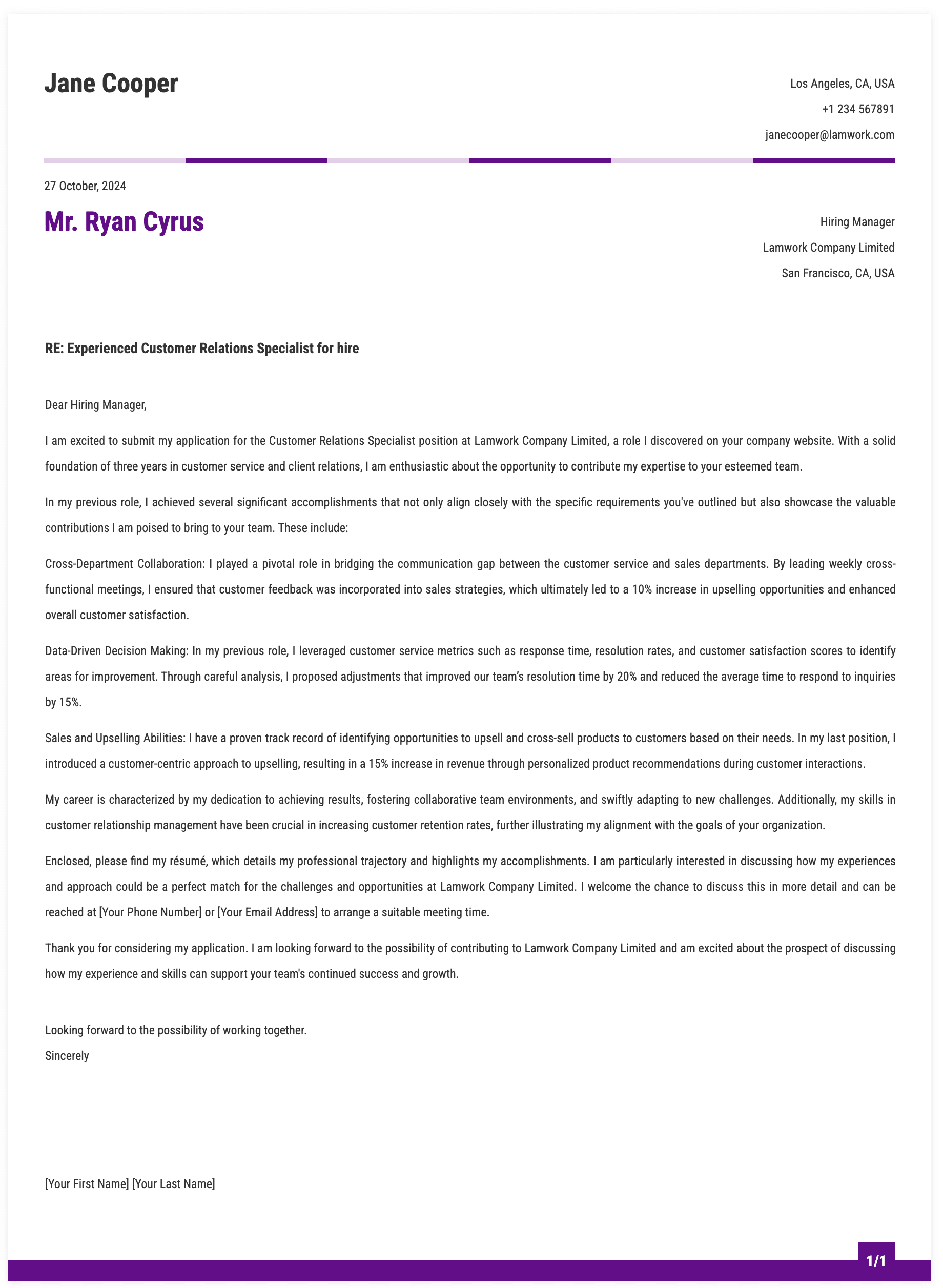Customer Relations Specialist Cover Letter Template