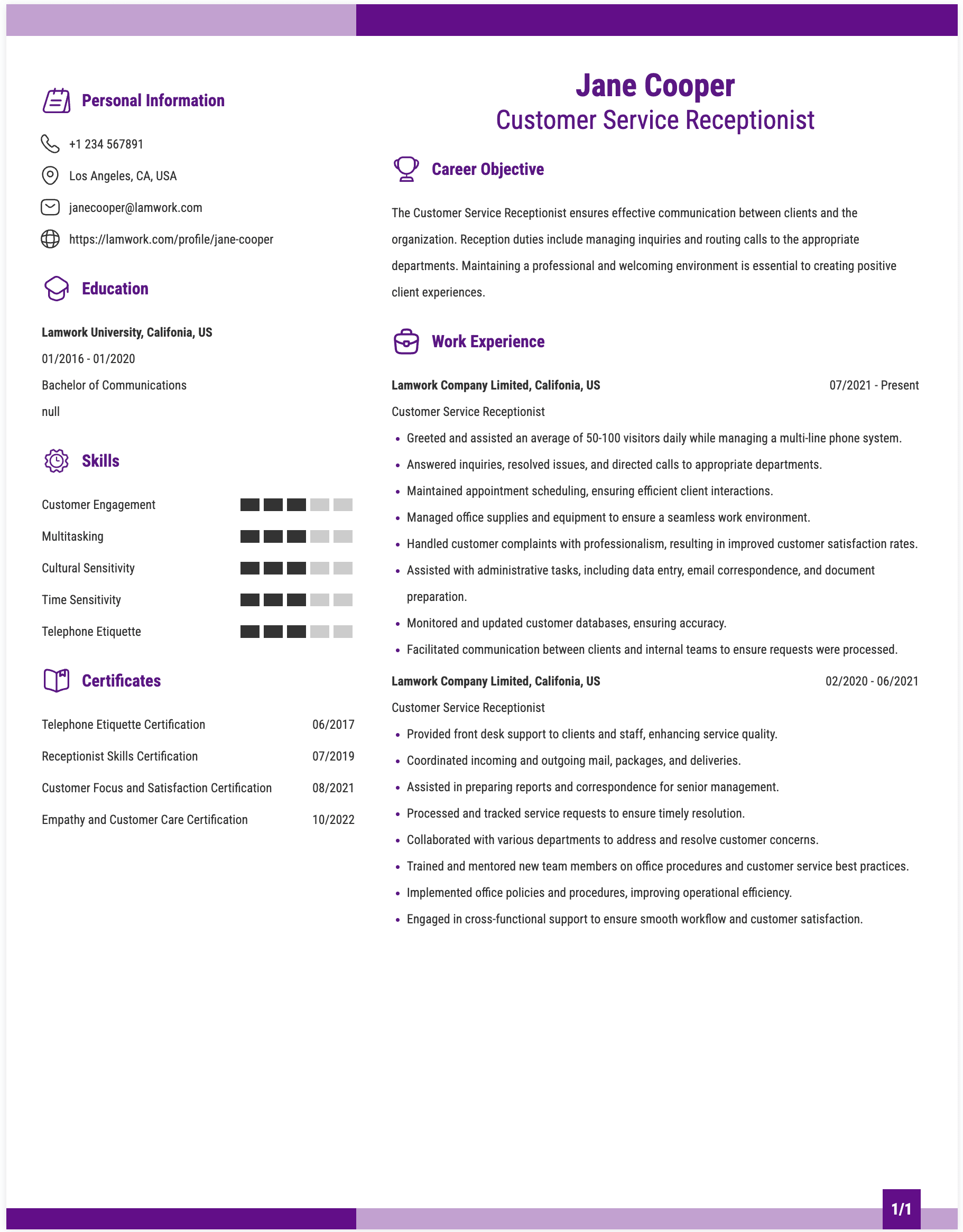 Customer Service Receptionist Resume Example