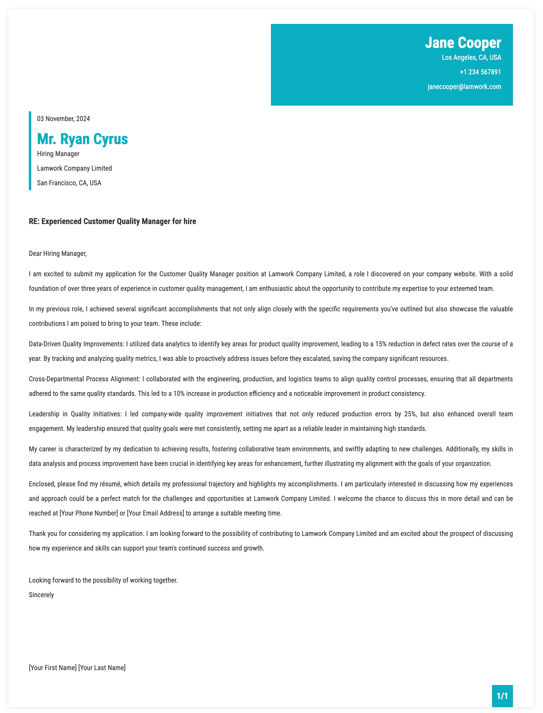 Customer Quality Manager Cover Letter Template