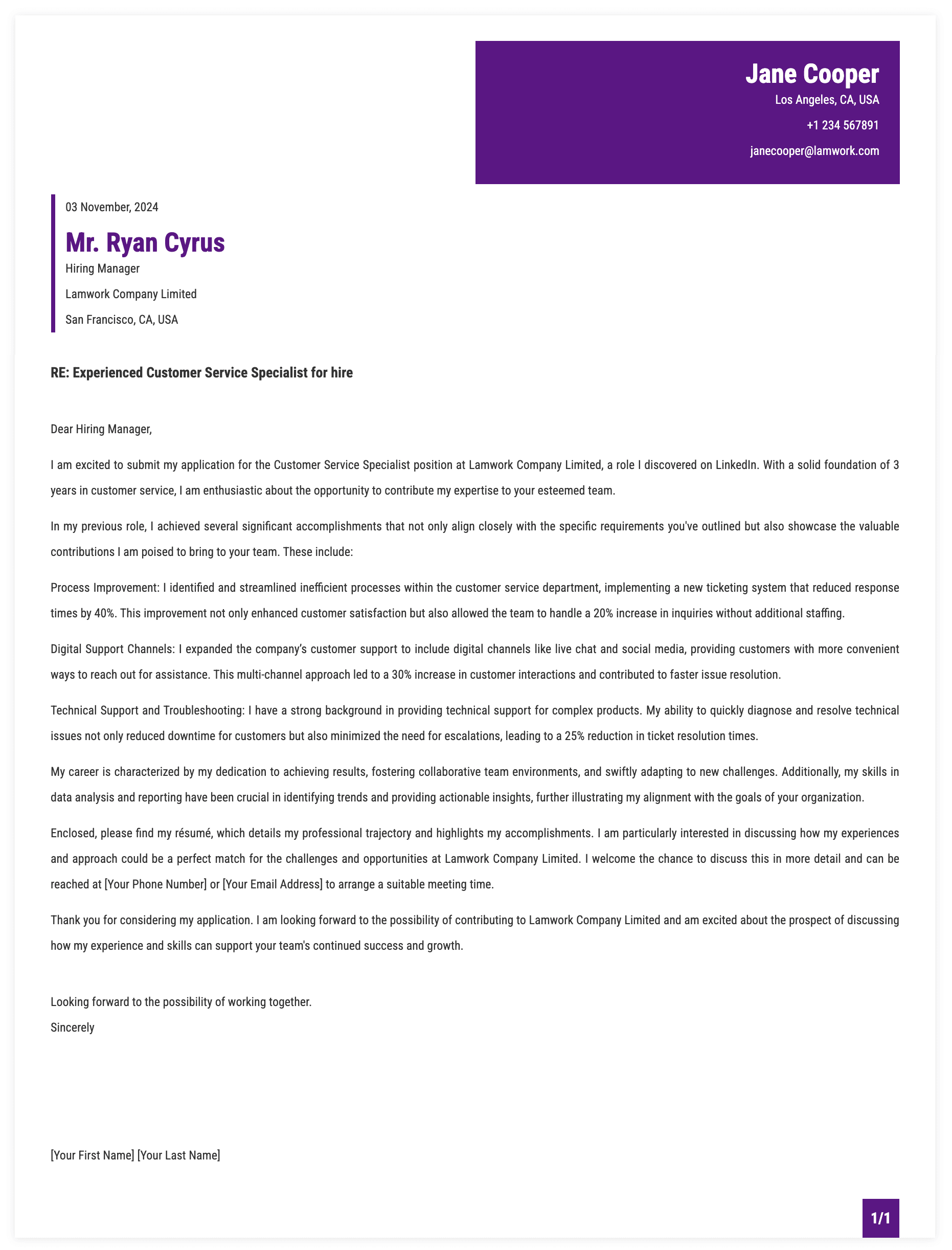 Customer Service Specialist Cover Letter Template