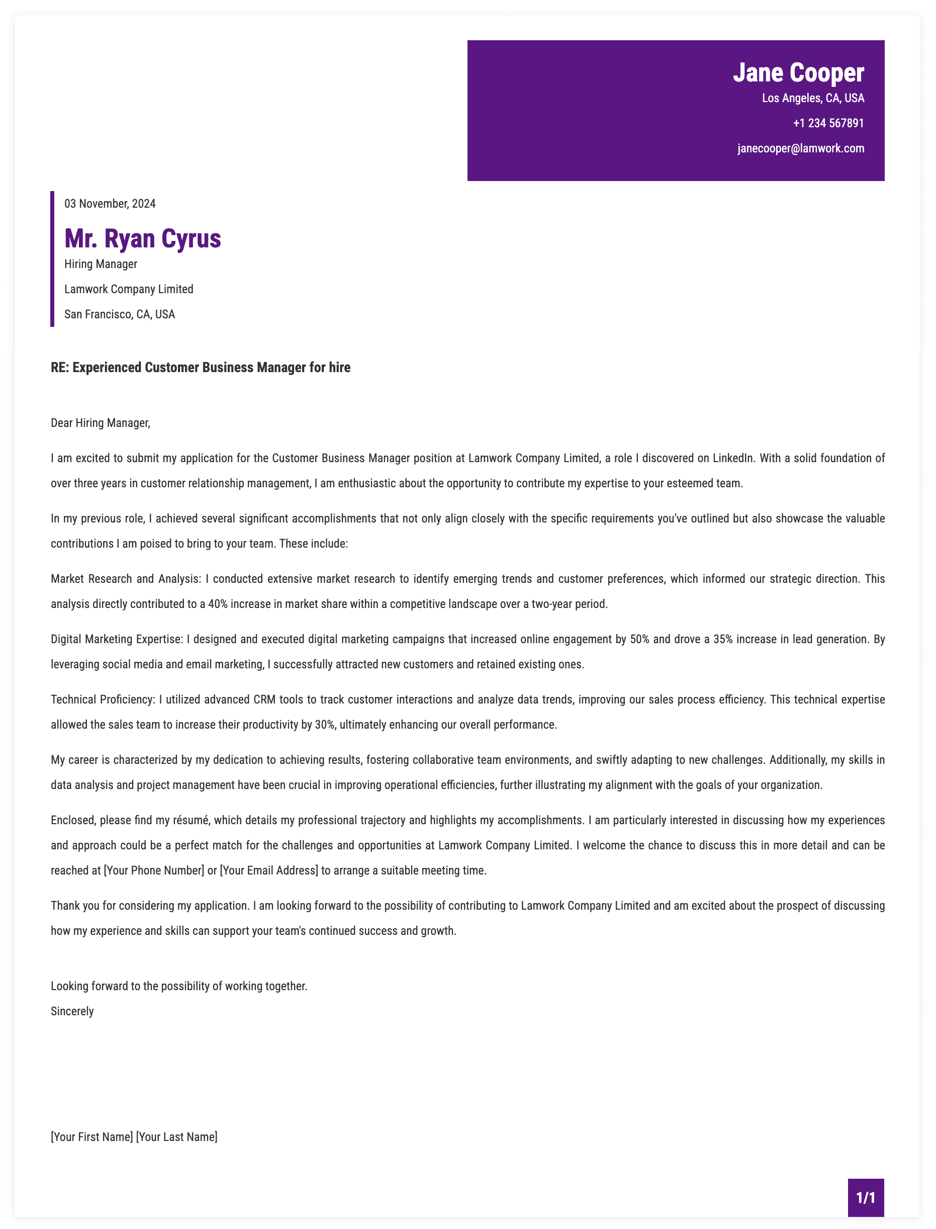 Customer Business Manager Cover Letter Template