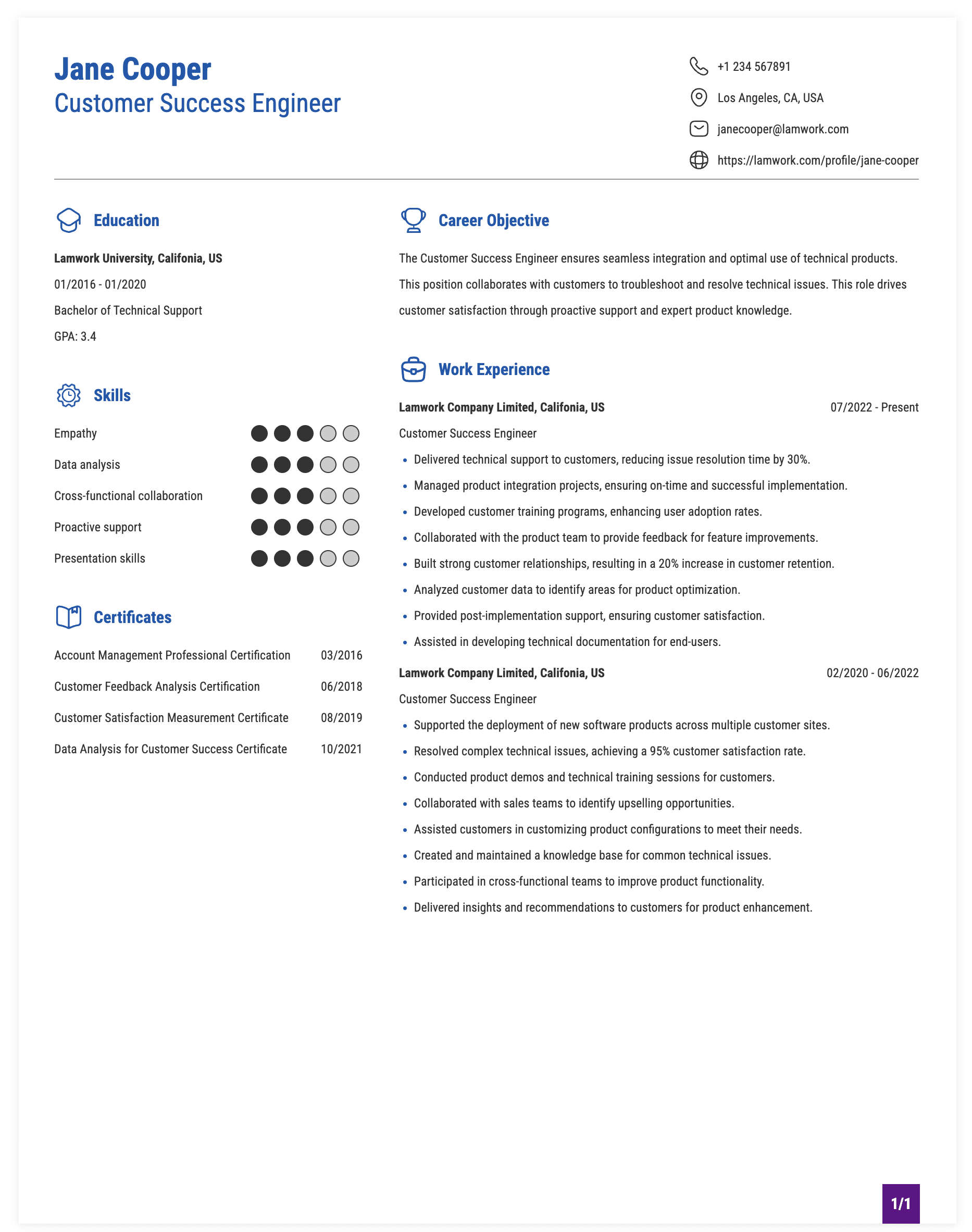 Customer Success Engineer Resume Example