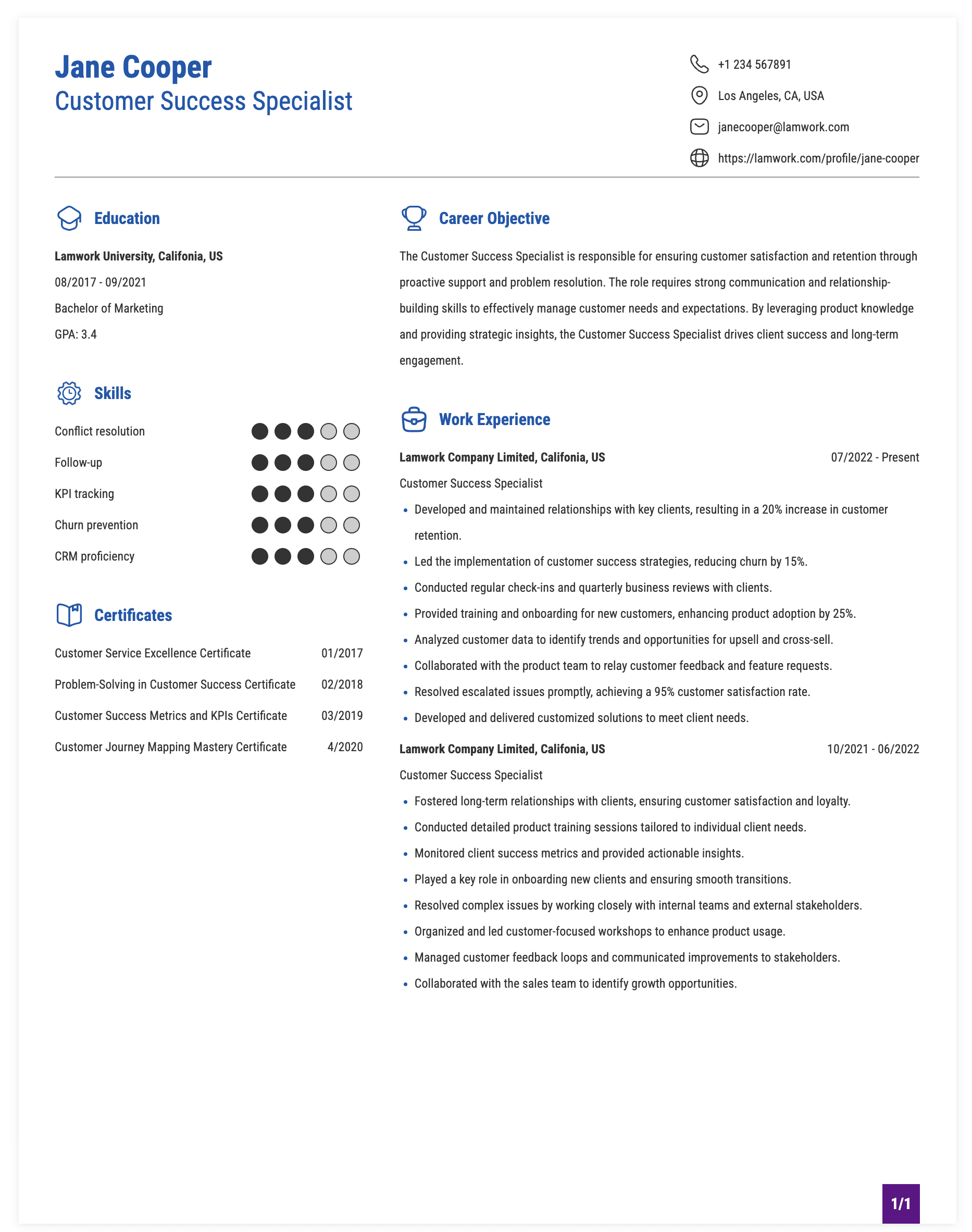 Customer Success Specialist Resume Example