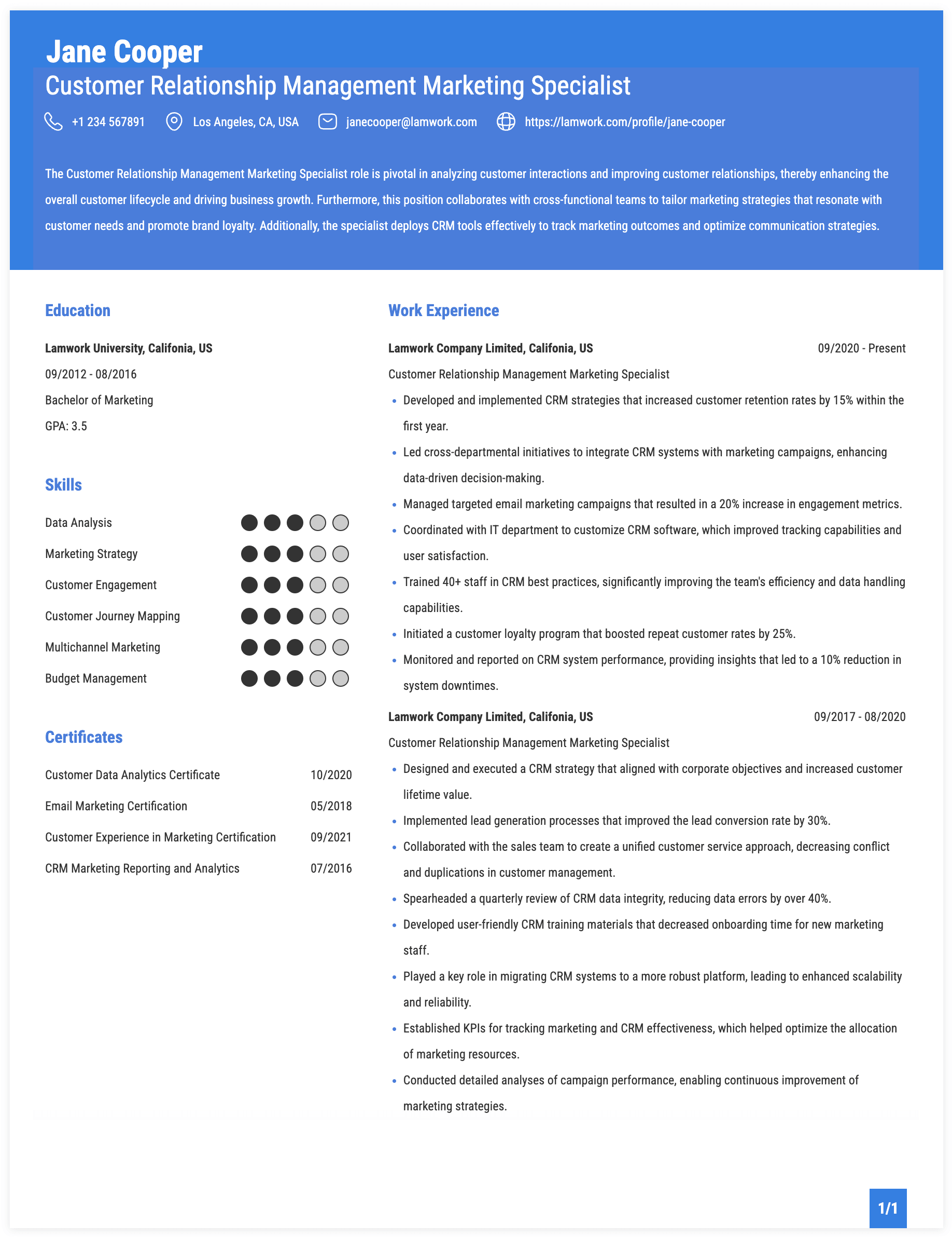 Customer Relationship Management Marketing Specialist Resume Example