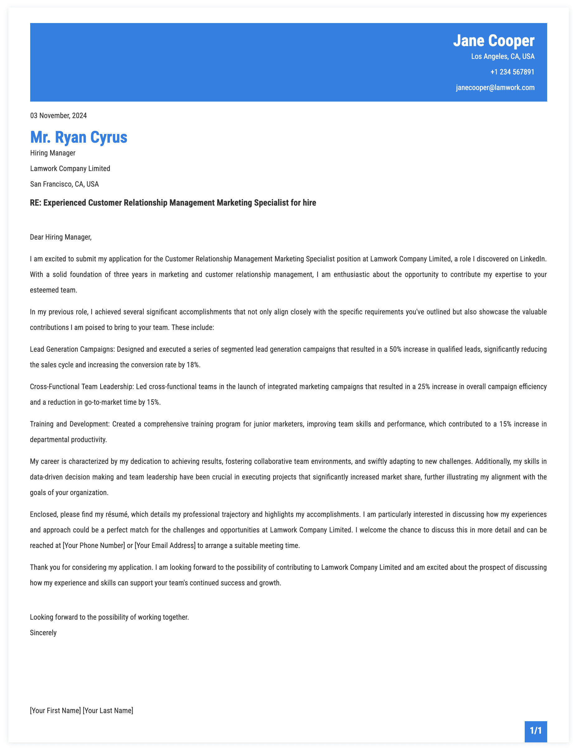 Customer Relationship Management Marketing Specialist Cover Letter Template