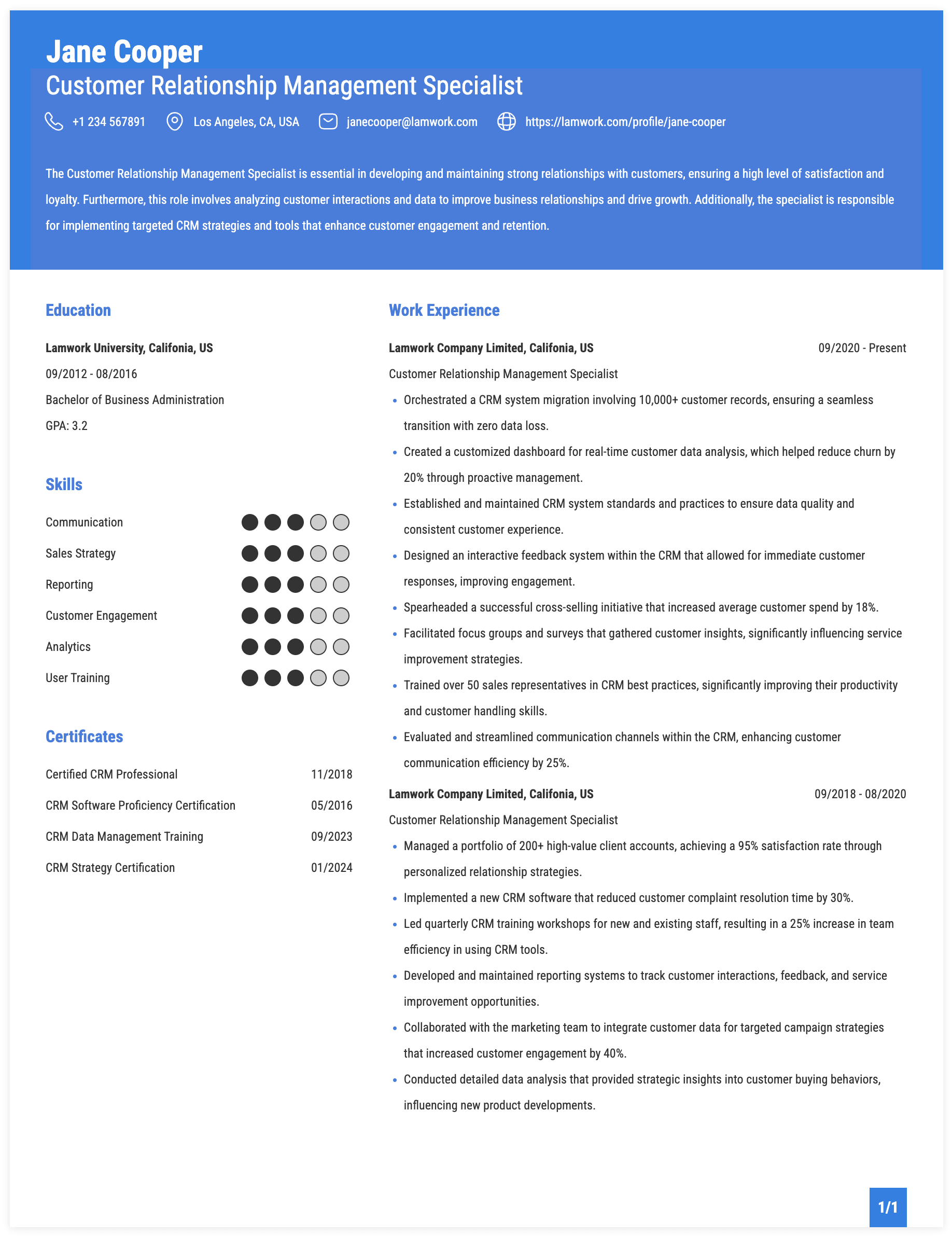 Customer Relationship Management Specialist Resume Example