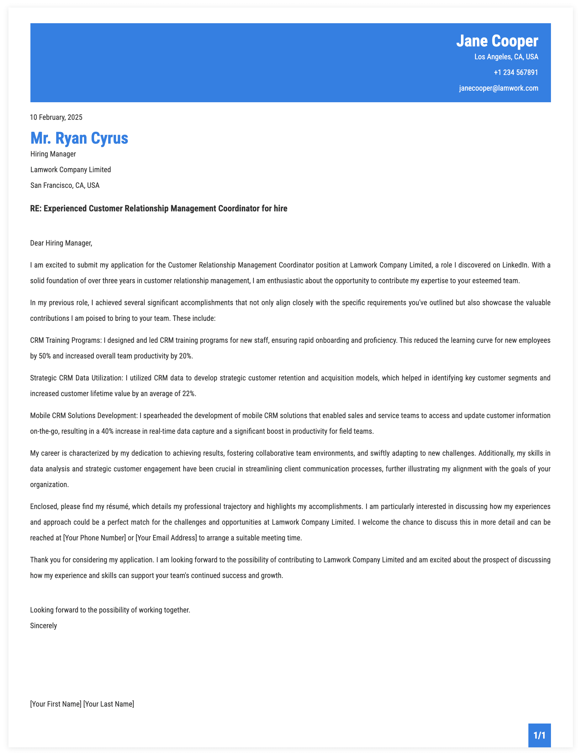 Customer Relationship Management Coordinator Cover Letter Template